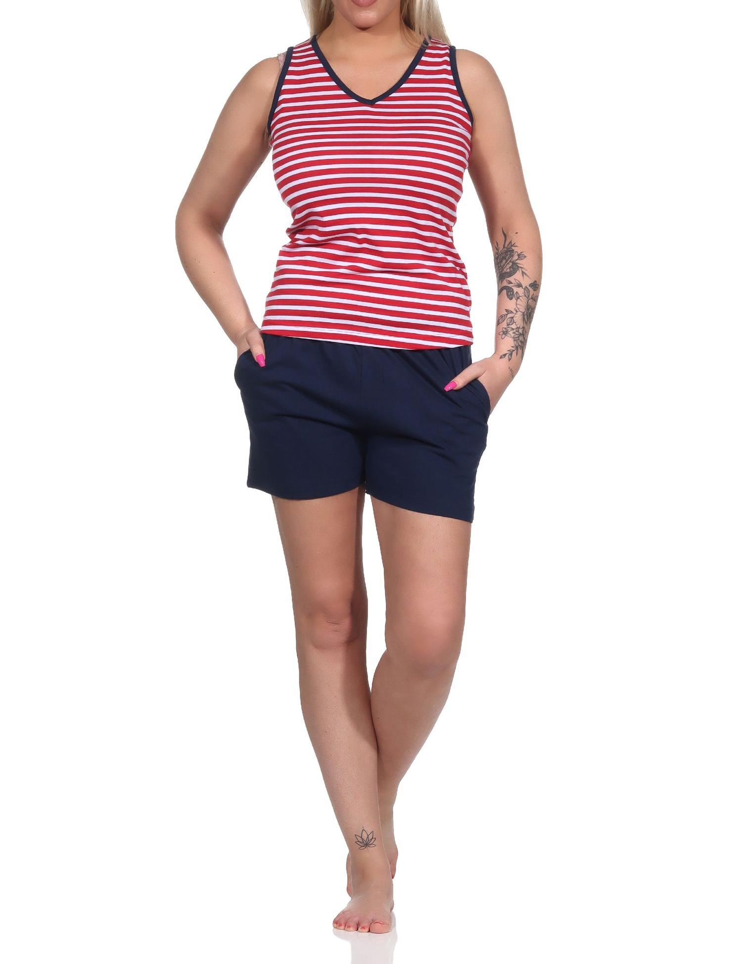 Maritimer ärmelloser Damen Shorty Schlafanzug, Top mit Anker Motiv, auch in Übergrössen