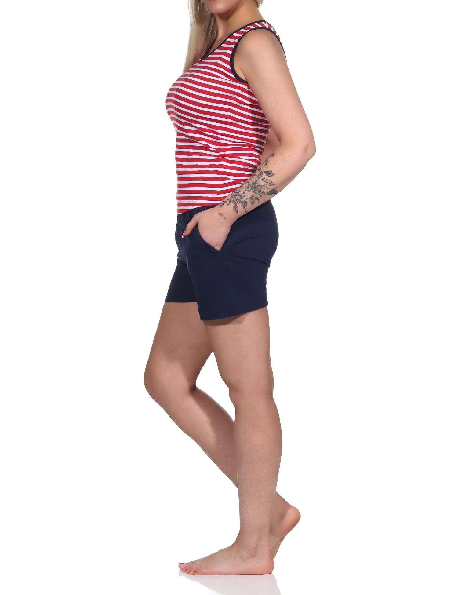 Maritimer ärmelloser Damen Shorty Schlafanzug, Top mit Anker Motiv, auch in Übergrössen