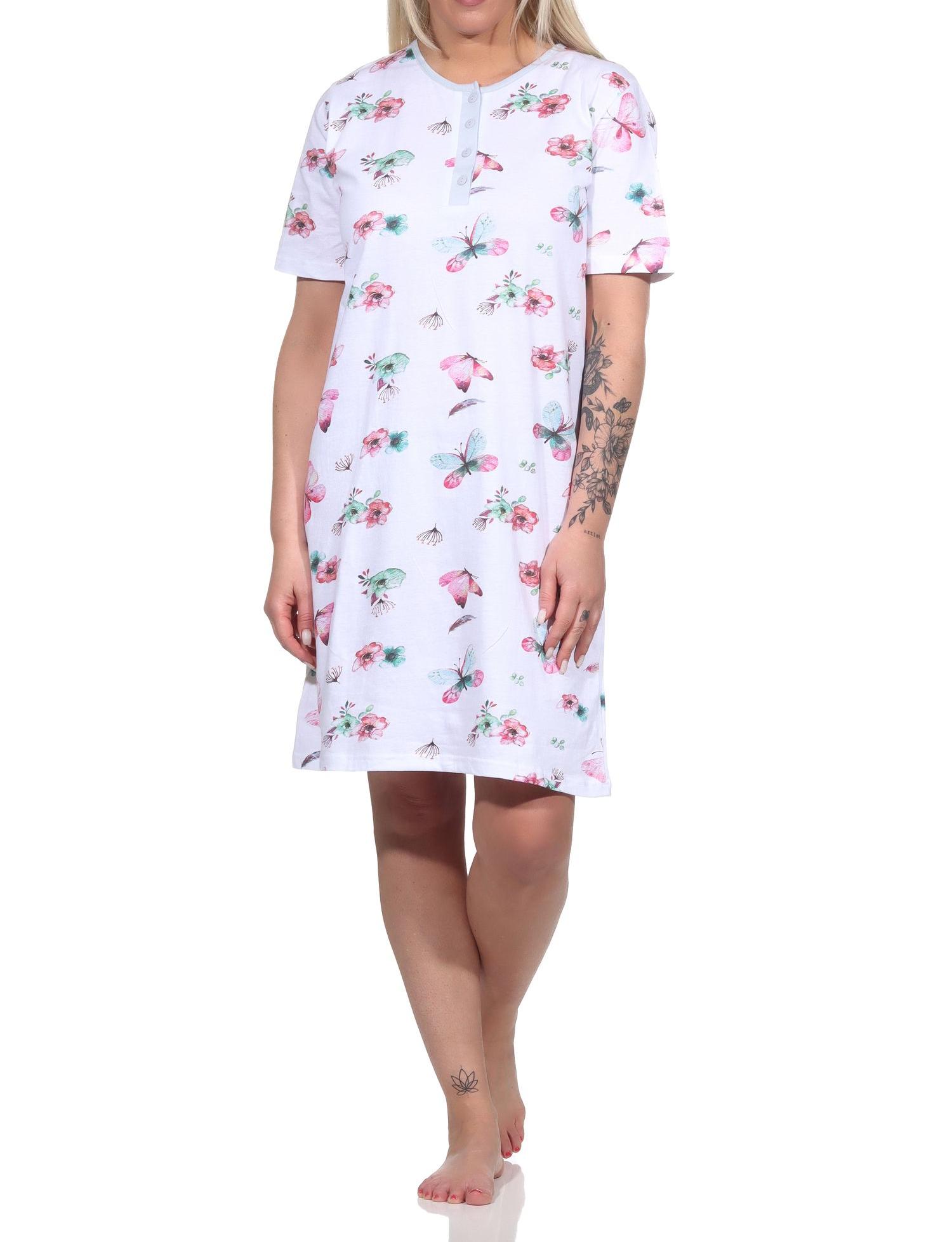 Damen kurzarm Nachthemd in floralem Schmetterlings Print - 122 214 90 212