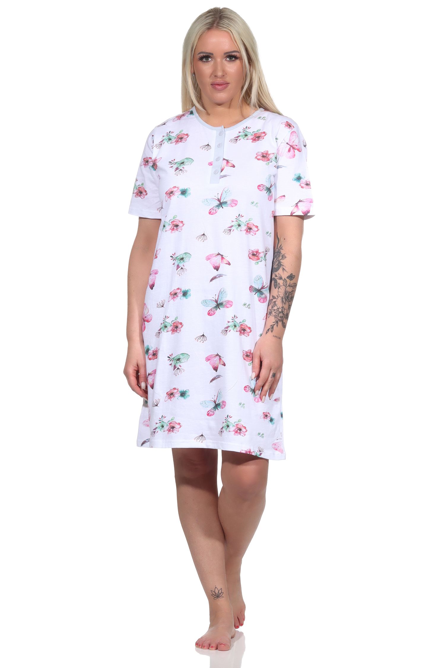 Damen kurzarm Nachthemd in floralem Schmetterlings Print - 122 214 90 212