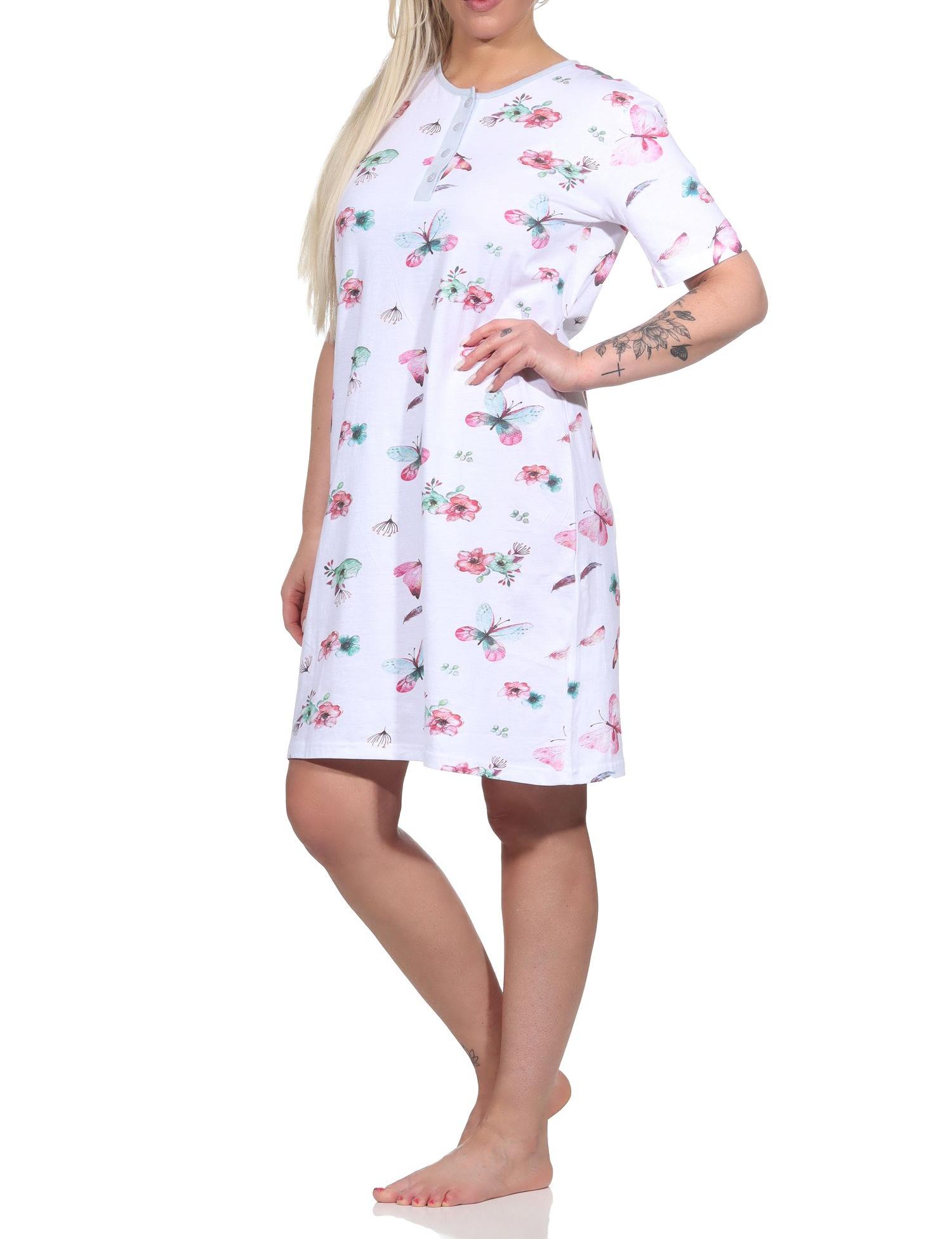 Damen kurzarm Nachthemd in floralem Schmetterlings Print - 122 214 90 212