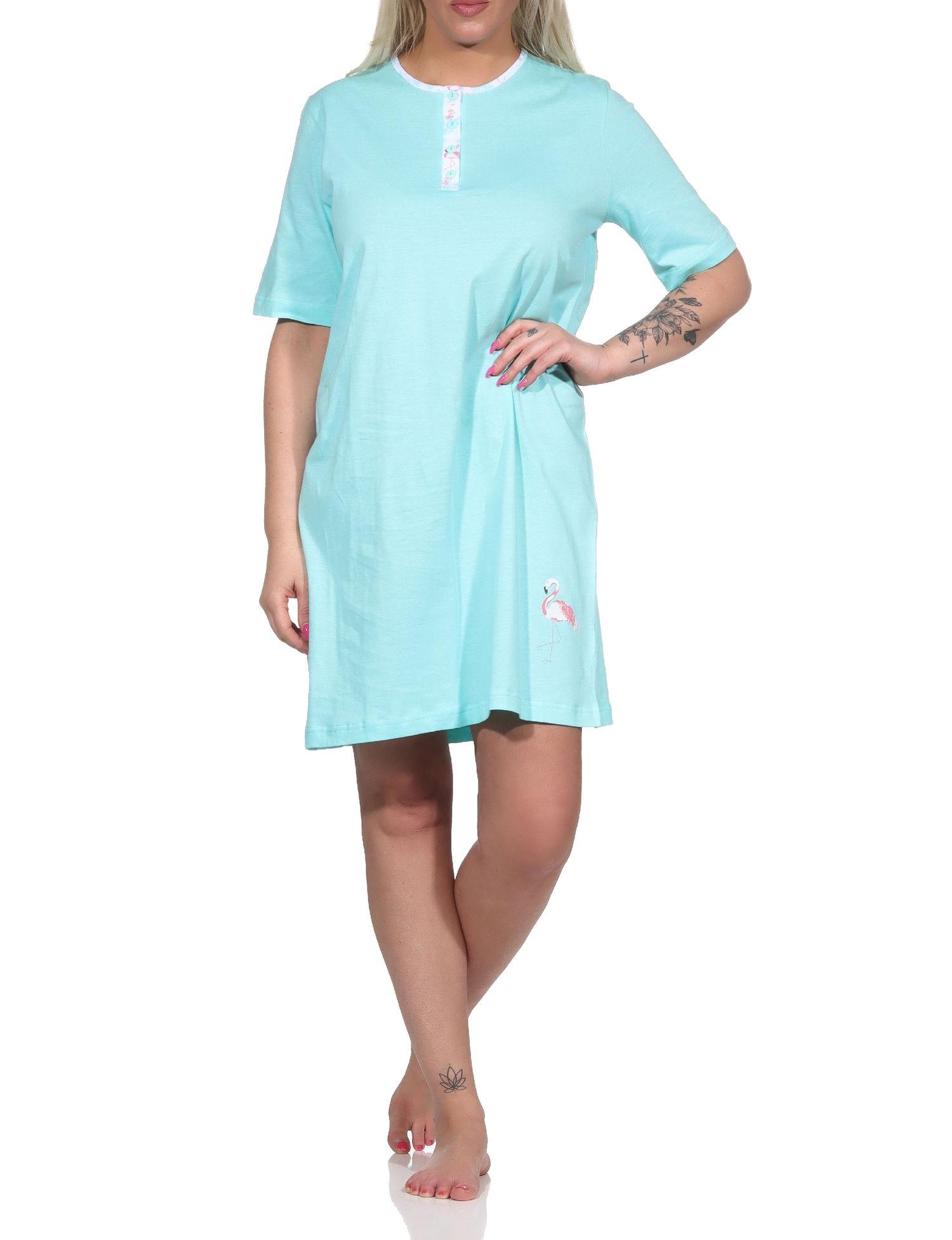 Edles Damen kurzarm Nachthemd mit Flamingo Motiv und Knopfleiste am Hals