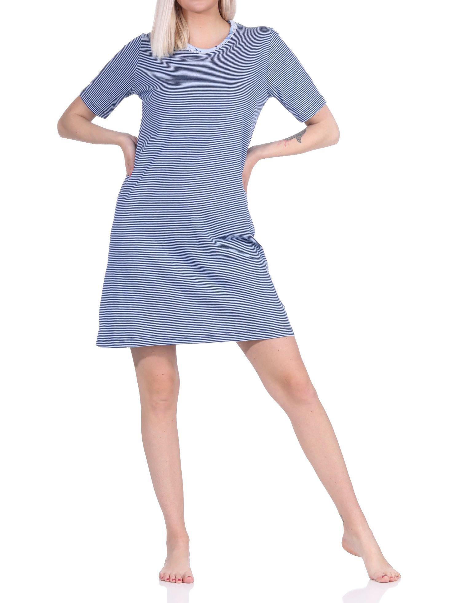 Elegantes Damen kurzarm Nachthemd in Streifenoptik mit Spitzenbesatz - auch in Übergrössen