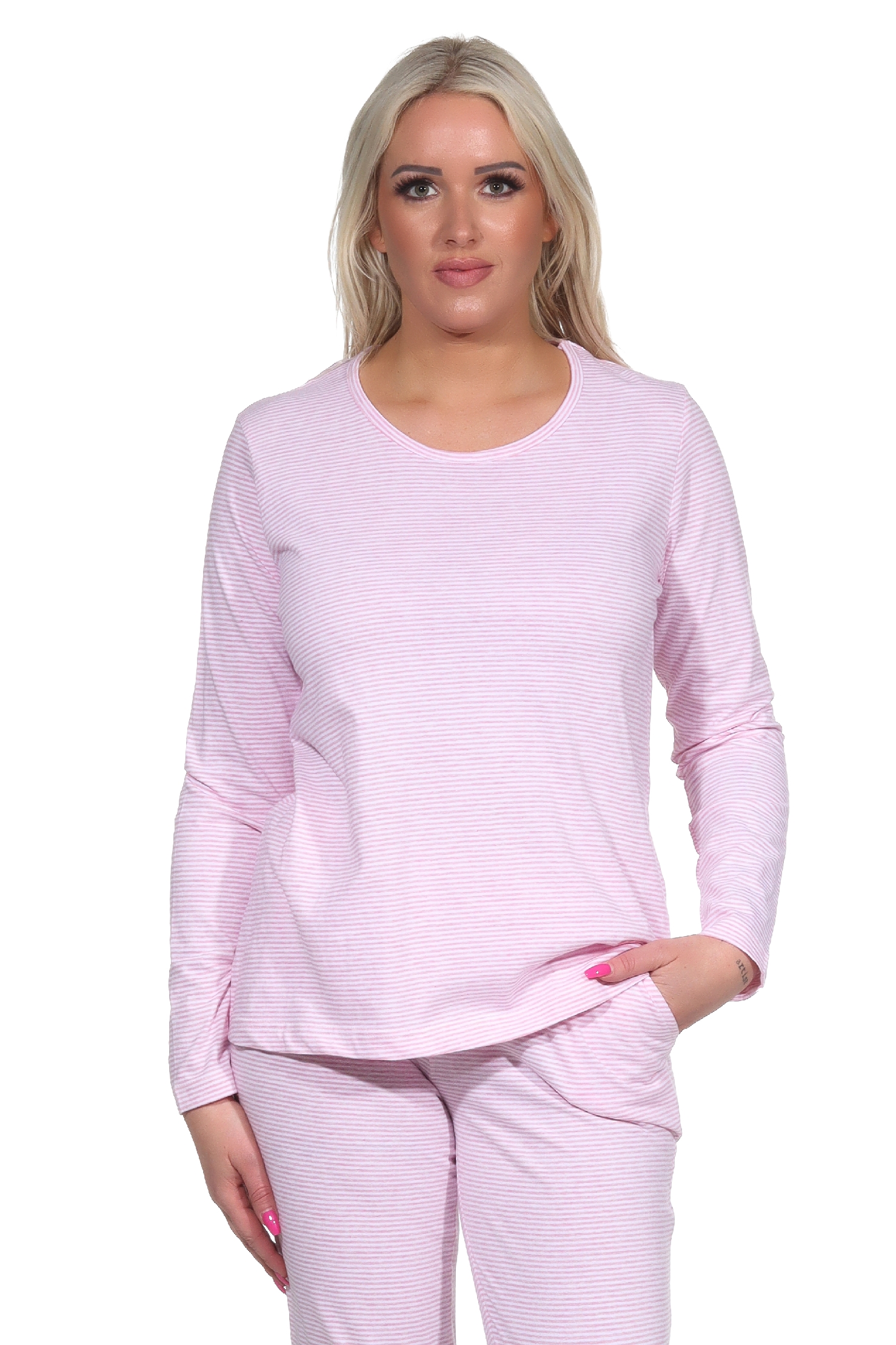 Damen langarm Schlafanzug Oberteil Pyjama Shirt Mix & Match in Streifenoptik - 122 219 903