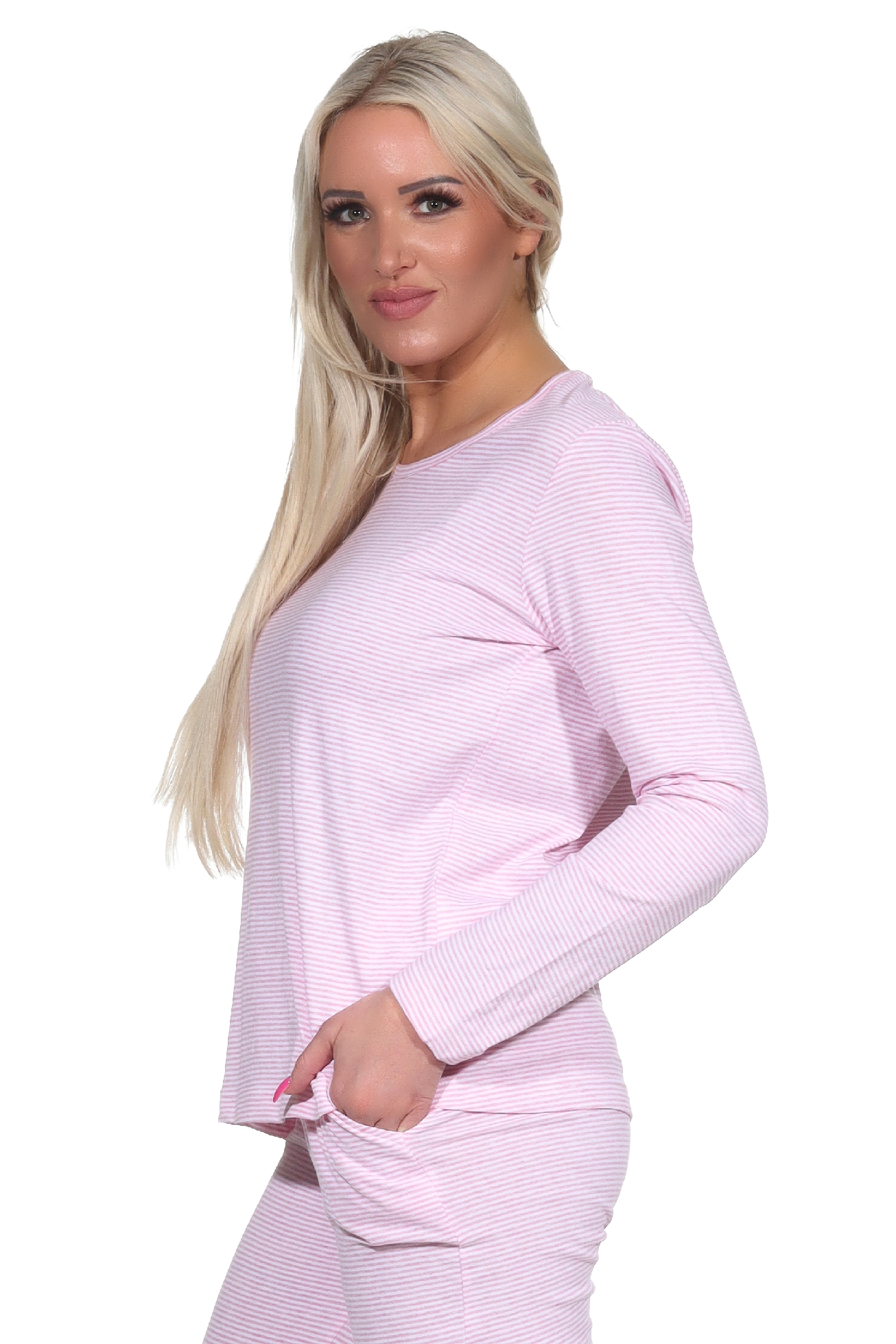 Damen langarm Schlafanzug Oberteil Pyjama Shirt Mix & Match in Streifenoptik - 122 219 903