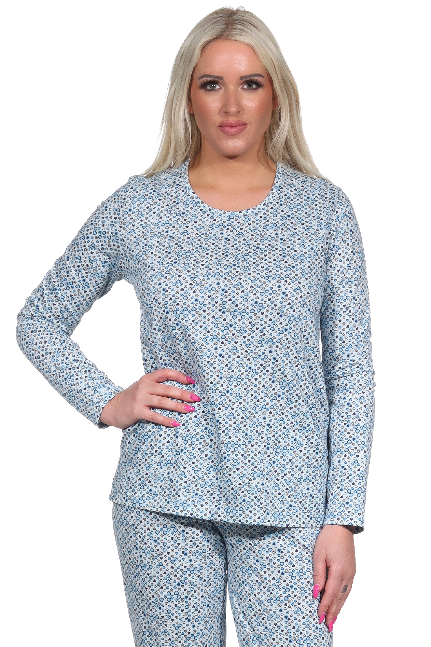 Damen Schlafanzug Shirt langarm Pyjama Oberteil Mix & Match in Herz Tupfen Optik - 122 904