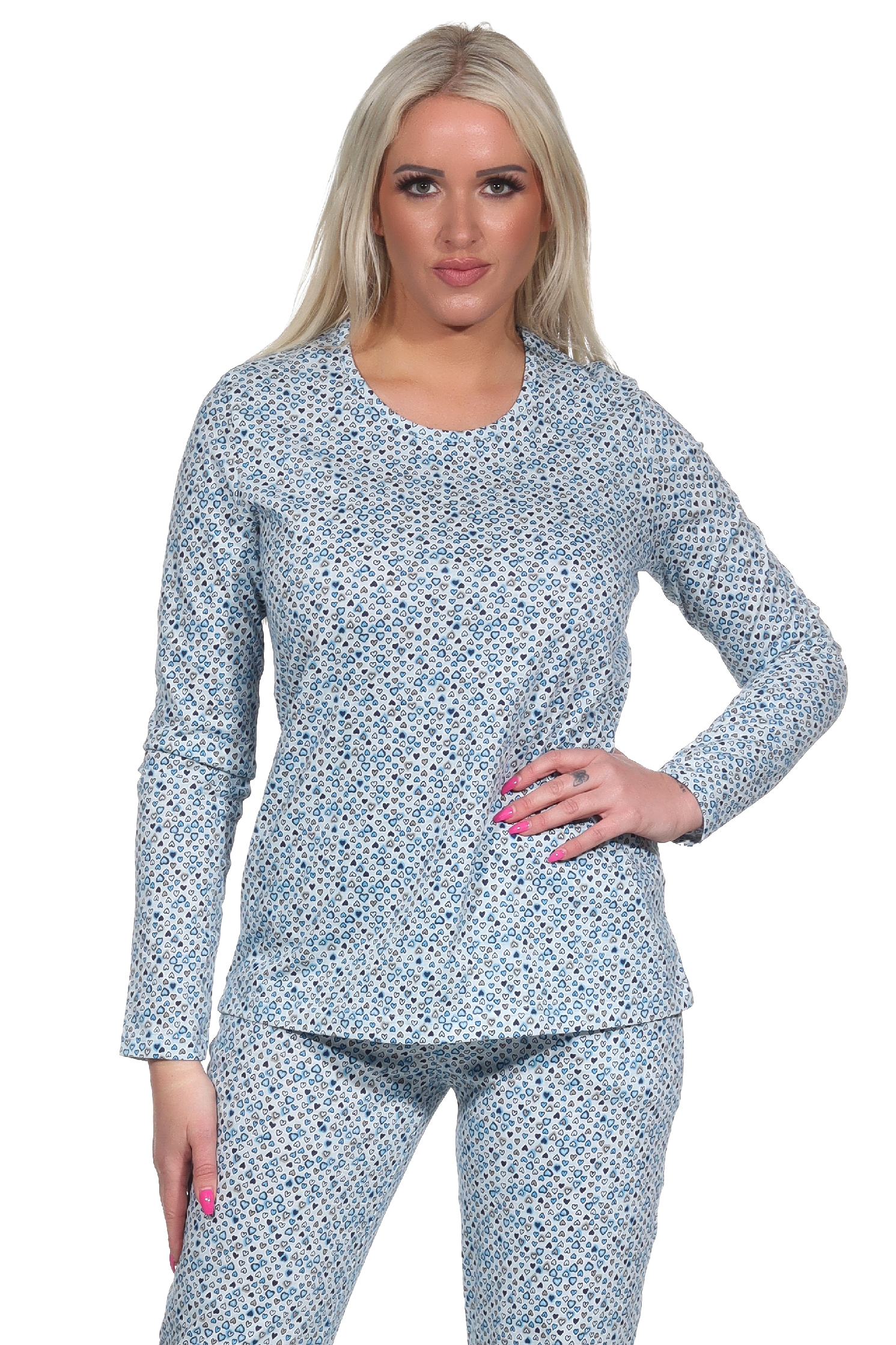 Damen Schlafanzug Shirt langarm Pyjama Oberteil Mix & Match in Herz Tupfen Optik - 122 904