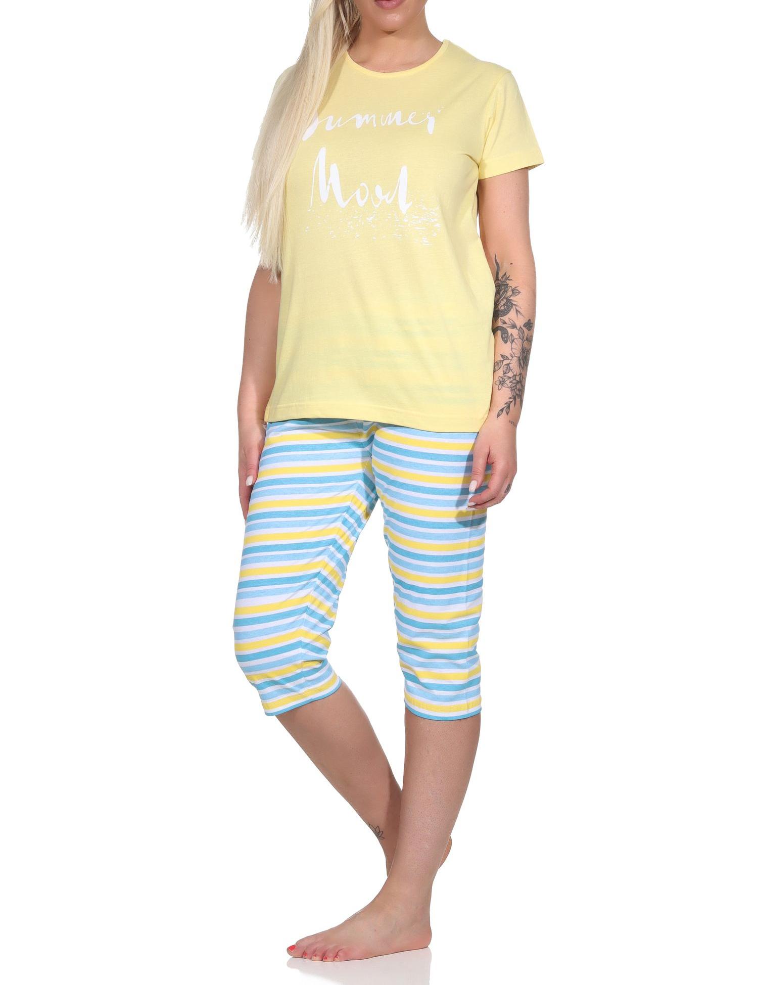 Sommerlicher Damen Capri Schlafanzug, kurzarm Pyjama - Hose geringelt - 12220410752