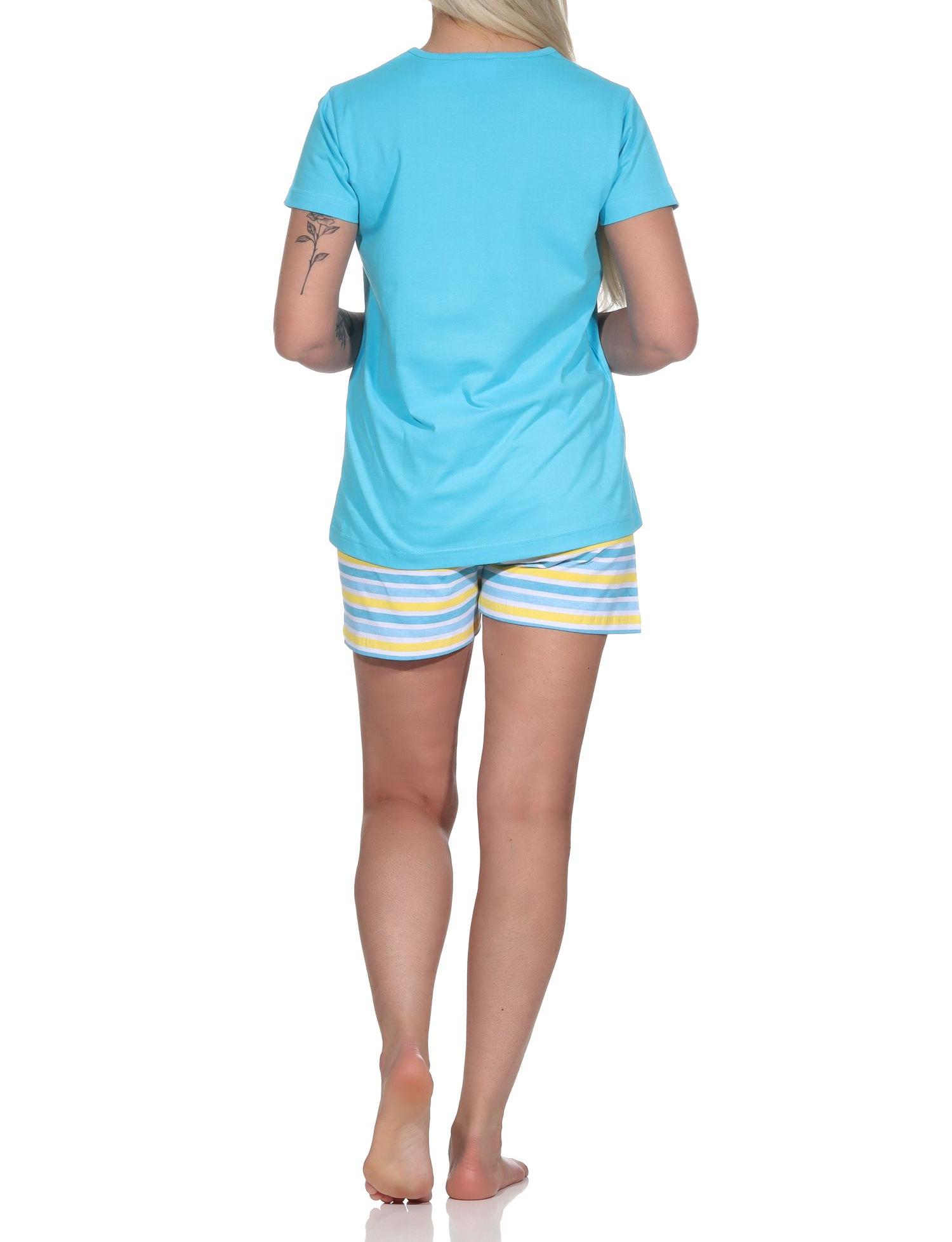 Damen Shorty kurzarm Pyjama mit Front-Print und Ringel-Optik - 122 205 10 752
