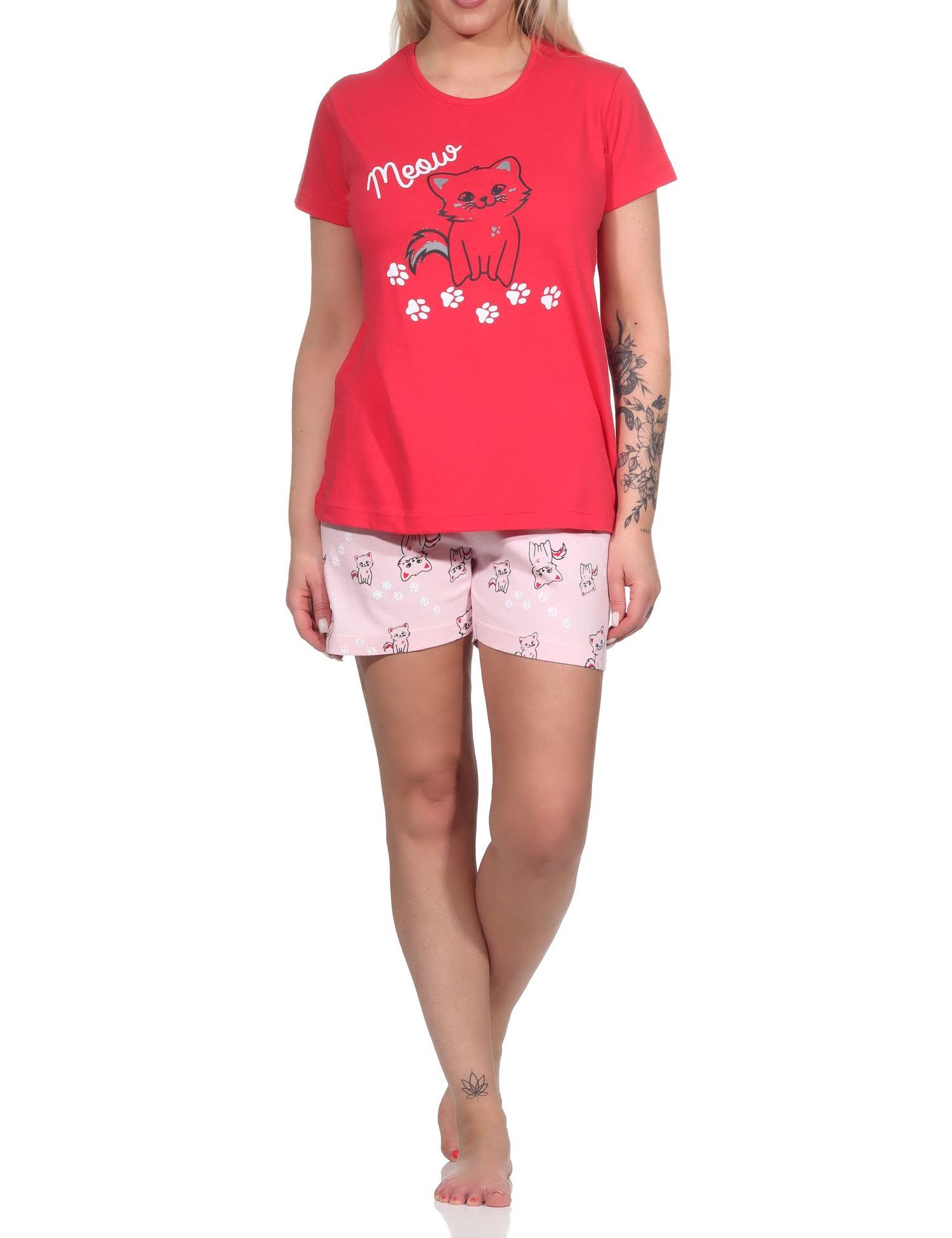 Damen Shorty Pyjama, niedlicher Schlafanzug mit Katzen-Motiv - 122 205 10 751