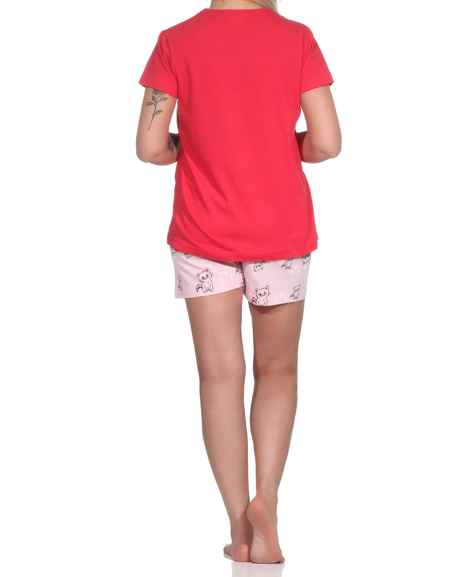 Damen Shorty Pyjama, niedlicher Schlafanzug mit Katzen-Motiv - 122 205 10 751