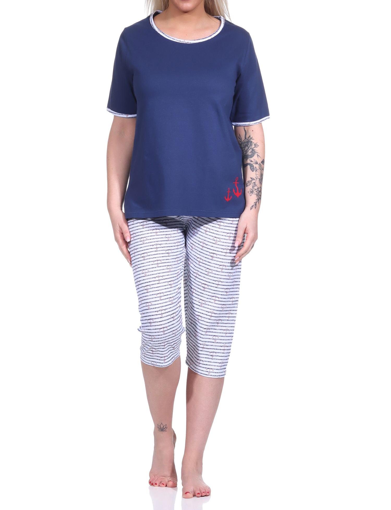 Capri Pyjama kurzarm, Damen Schlafanzug mit 3/4-Hose in maritimer Optik - 151