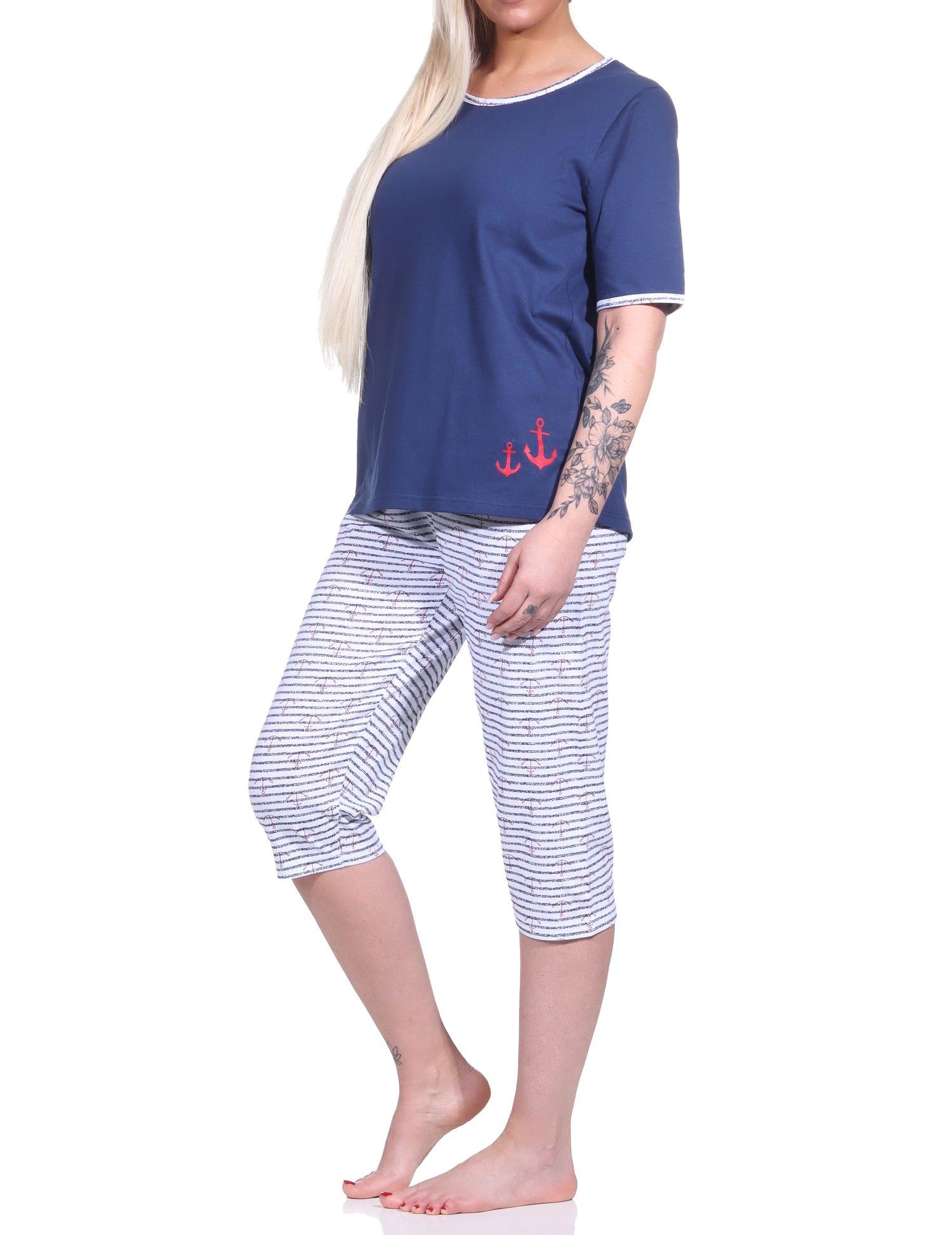 Capri Pyjama kurzarm, Damen Schlafanzug mit 3/4-Hose in maritimer Optik - 151