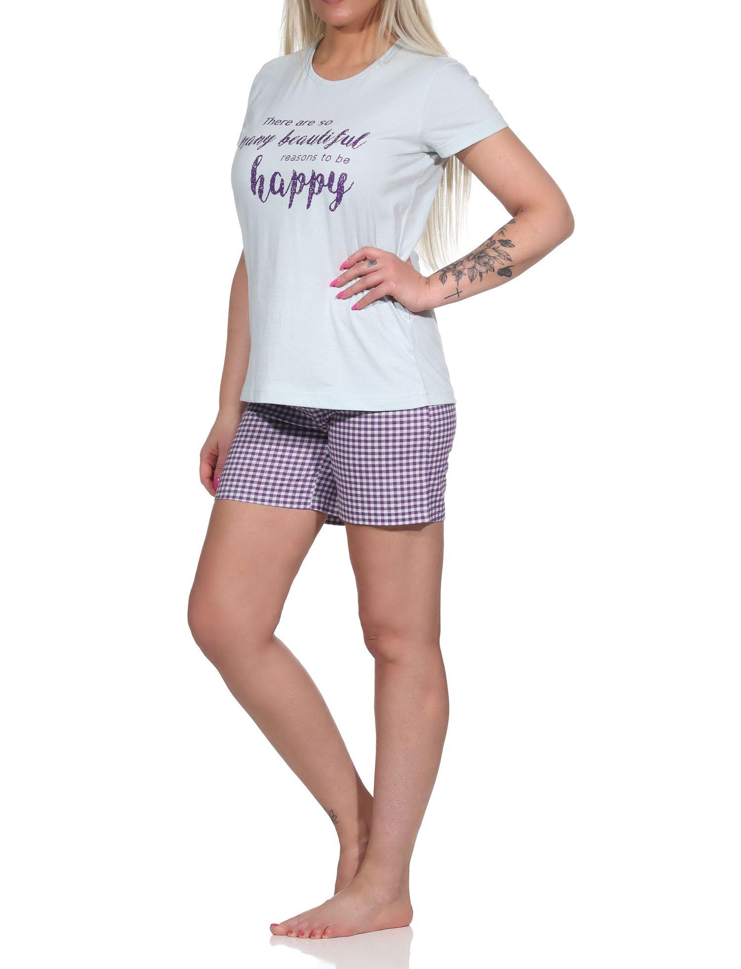 Damen Shorty Pyjama, kurzer Schlafanzug mit karierten Shorts - 112 205 10 734