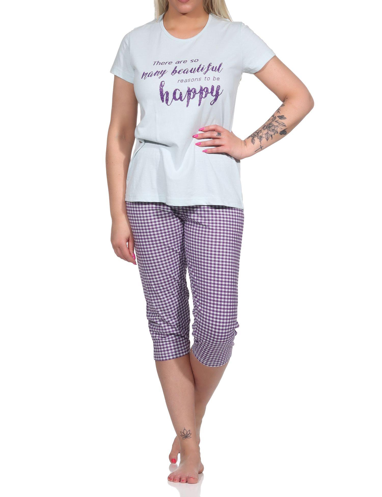 Damen Capri Pyjama, Schlafanzug mit Schriftzug und Karo-Hose - 112 204 10 734
