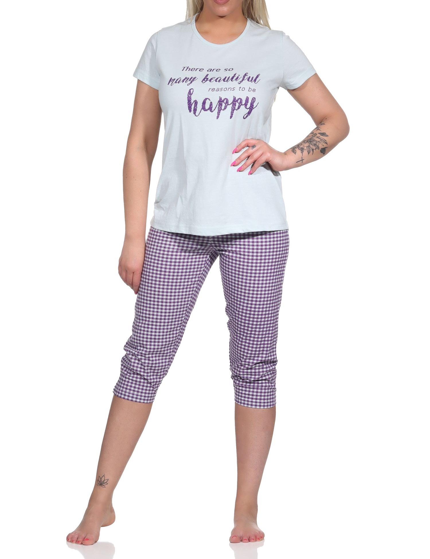 Damen Capri Pyjama, Schlafanzug mit Schriftzug und Karo-Hose - 112 204 10 734
