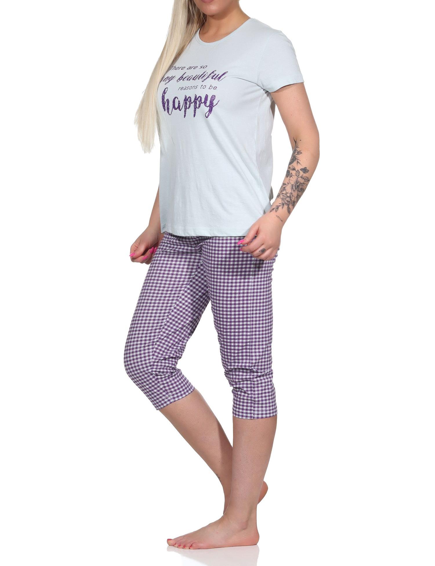 Damen Capri Pyjama, Schlafanzug mit Schriftzug und Karo-Hose - 112 204 10 734