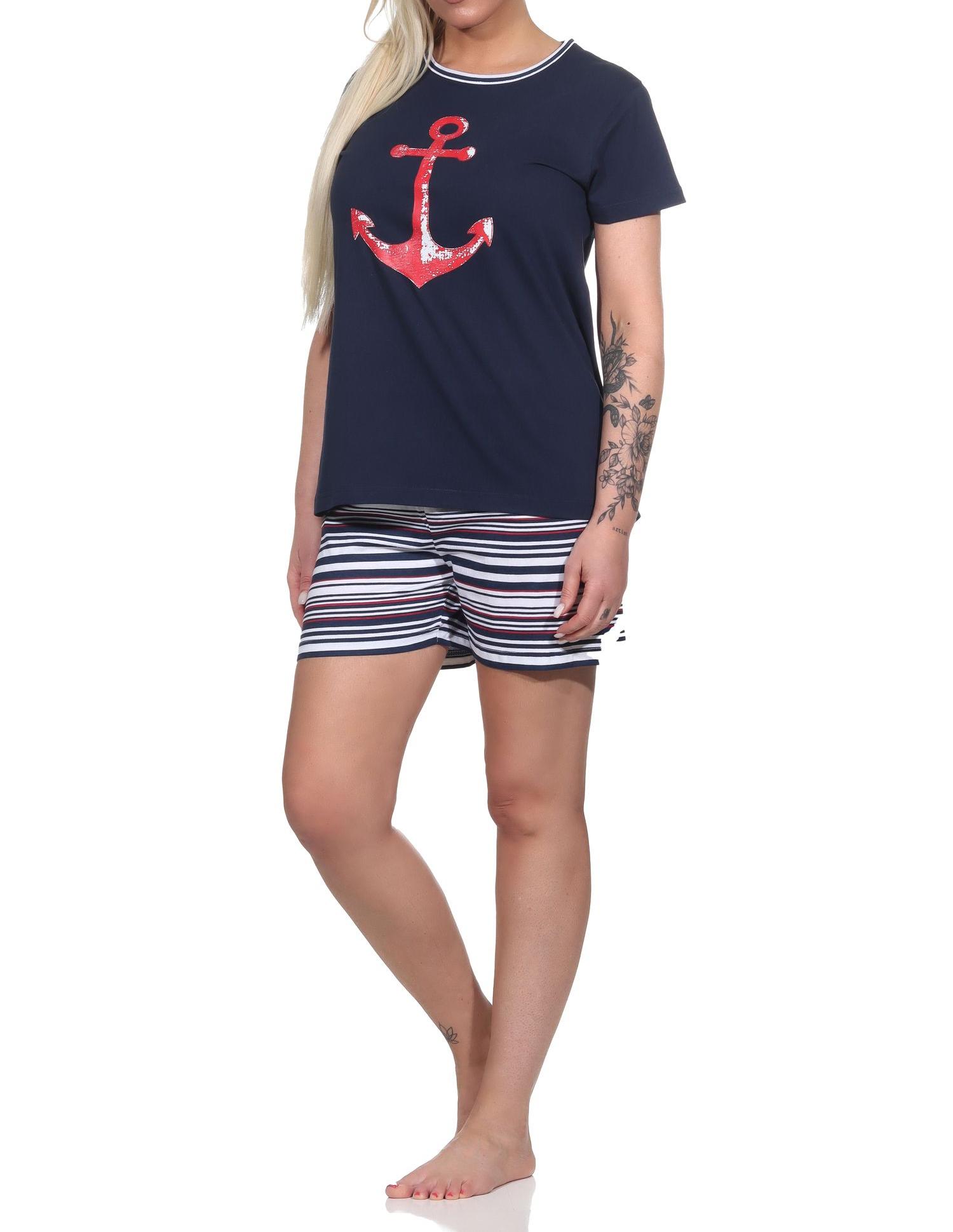 Damen Shorty Pyjama mit Anker-Motiv und gestreiften Shorts - 122 205 10 755