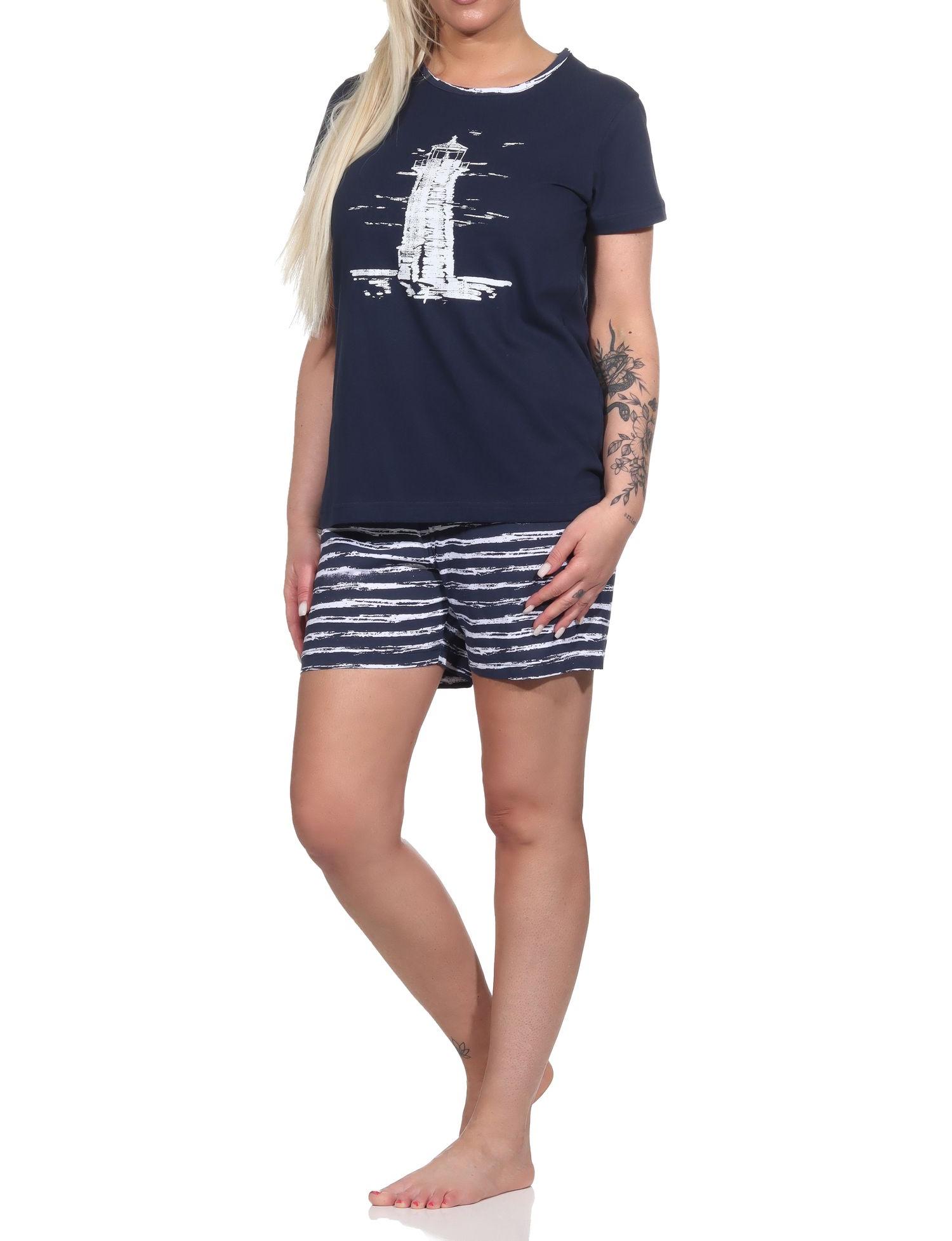Damen kurzarm Shorty Pyjama mit Leuchtturm-Motiv - maritim - 122 205 10 756