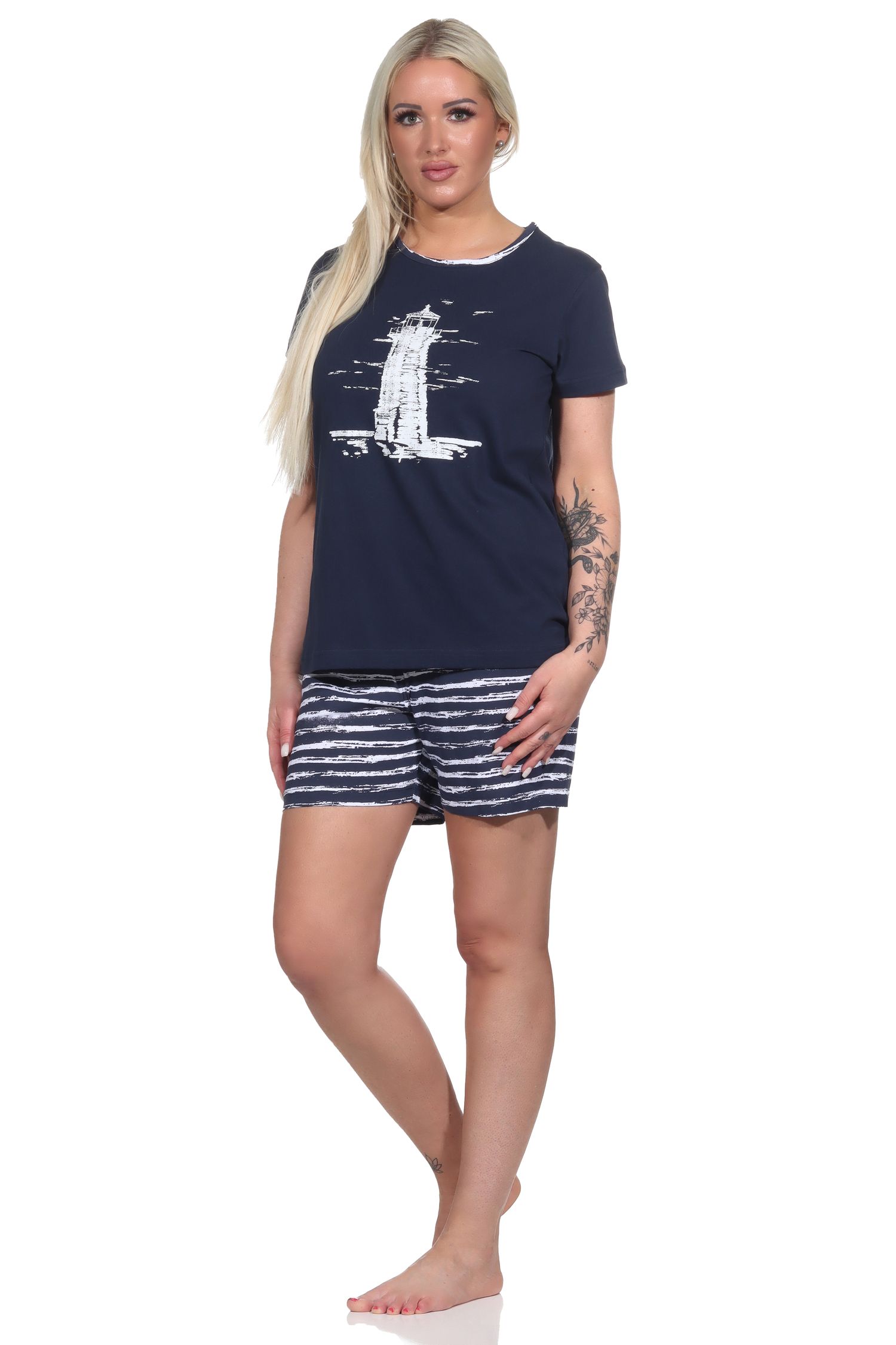 Damen kurzarm Shorty Pyjama mit Leuchtturm-Motiv - maritim - 122 205 10 756