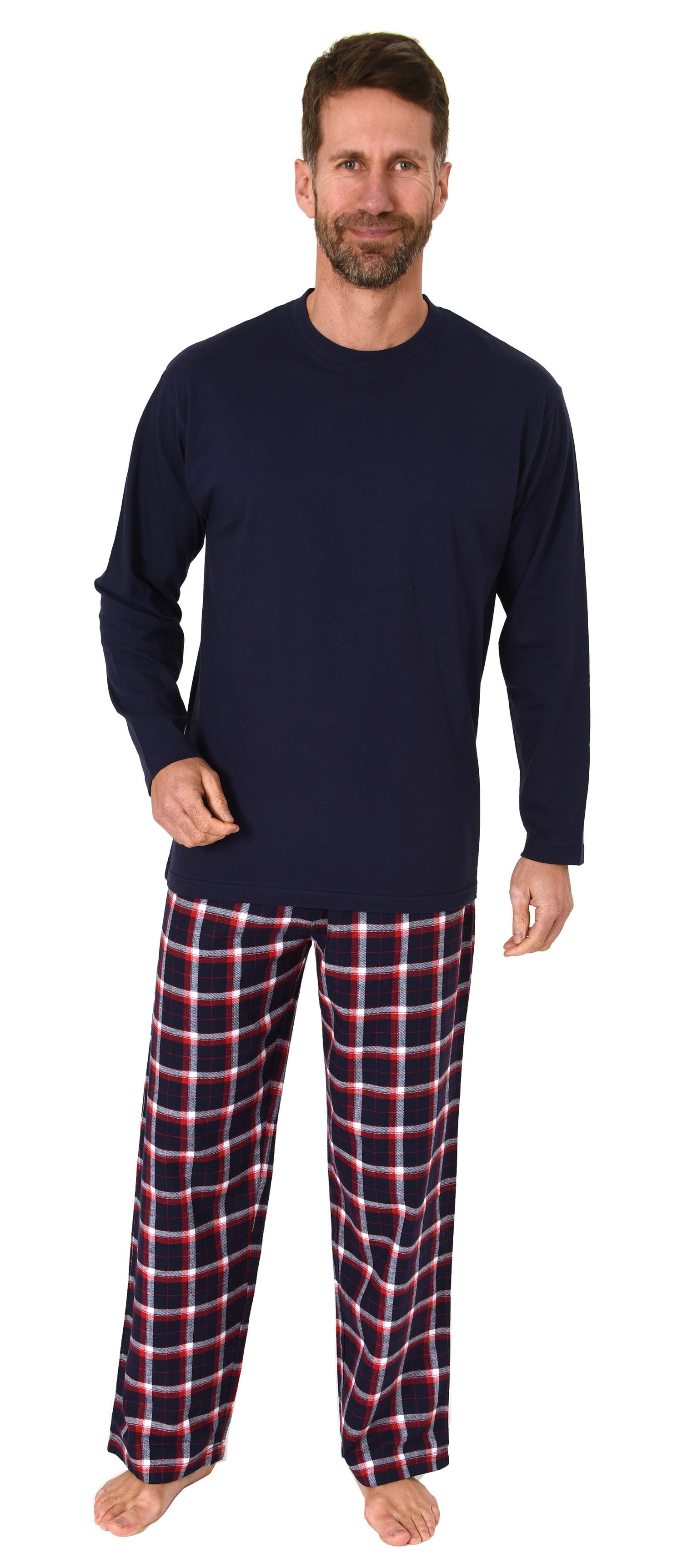 Herren Schlafanzug lang, Pyjama mit Flanell-Hose in Karo-Optik