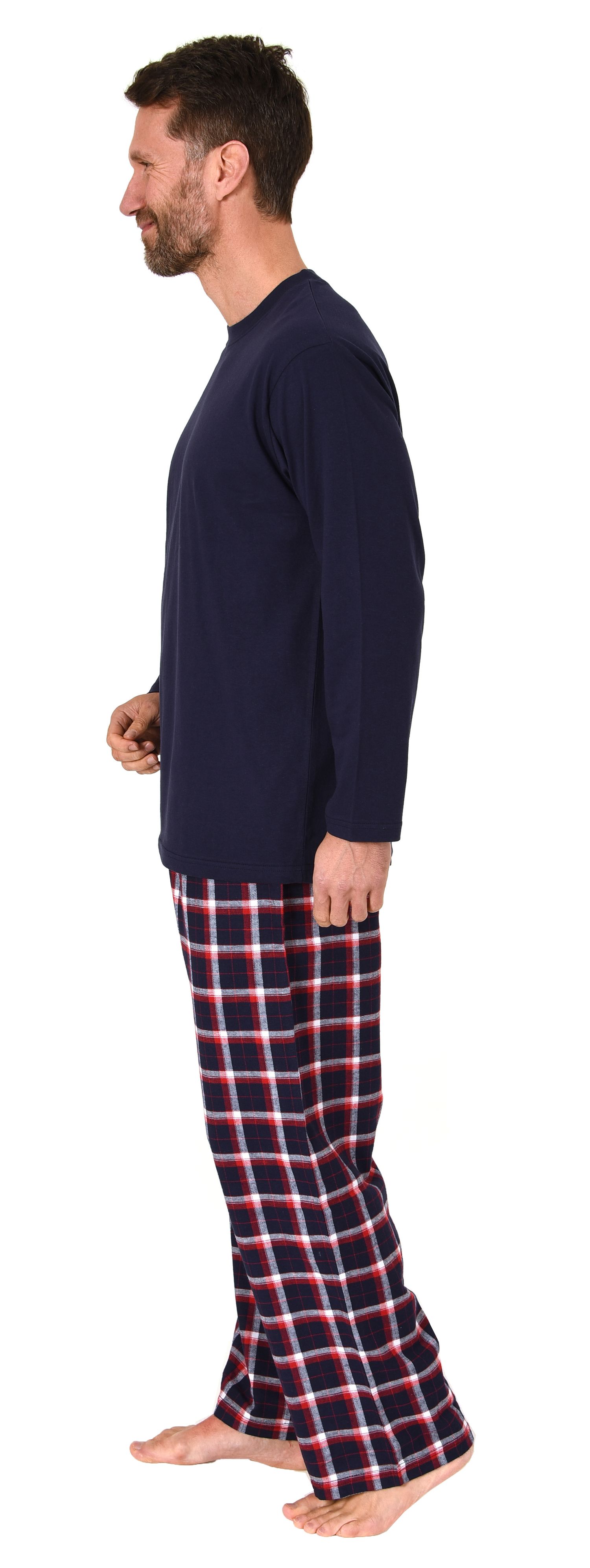 Herren Schlafanzug lang, Pyjama mit Flanell-Hose in Karo-Optik