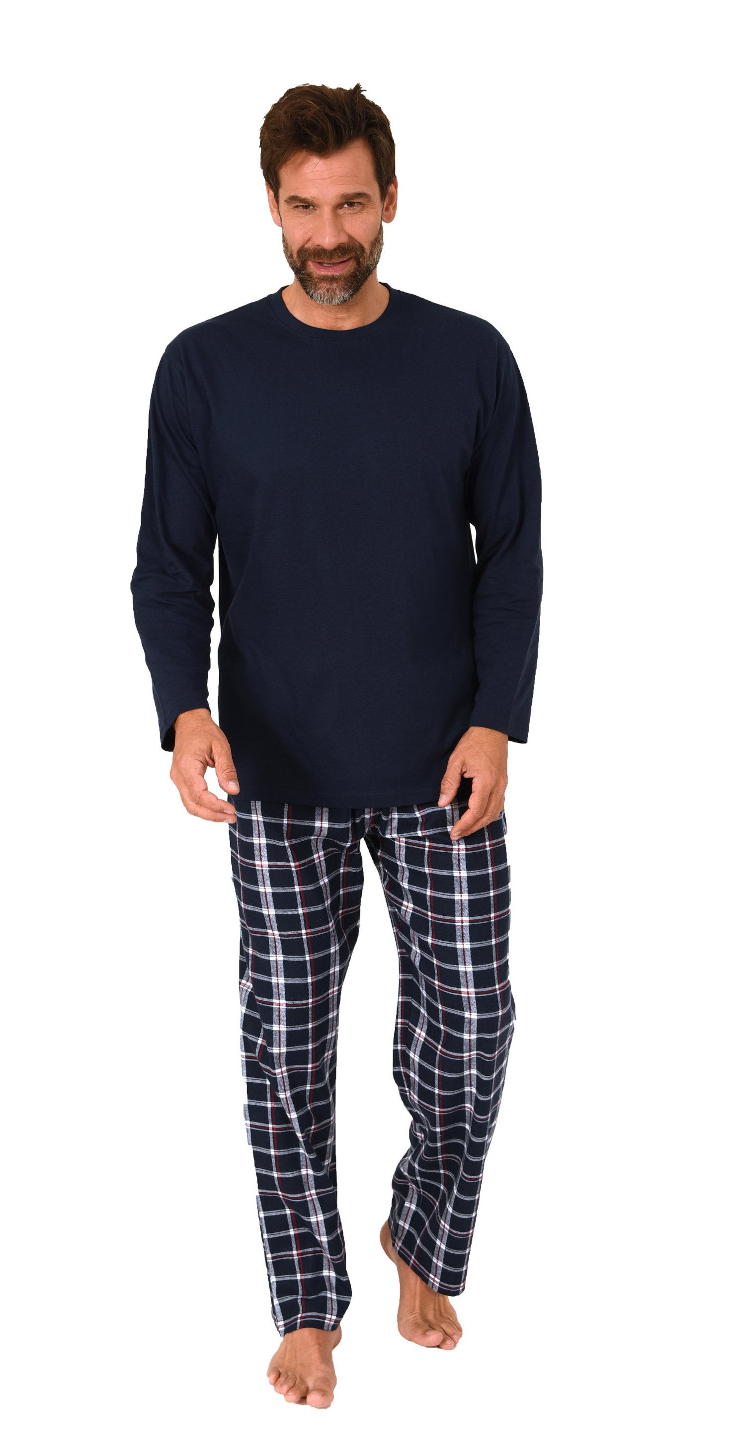 Herren Schlafanzug lang, Pyjama mit Flanell-Hose in Karo-Optik
