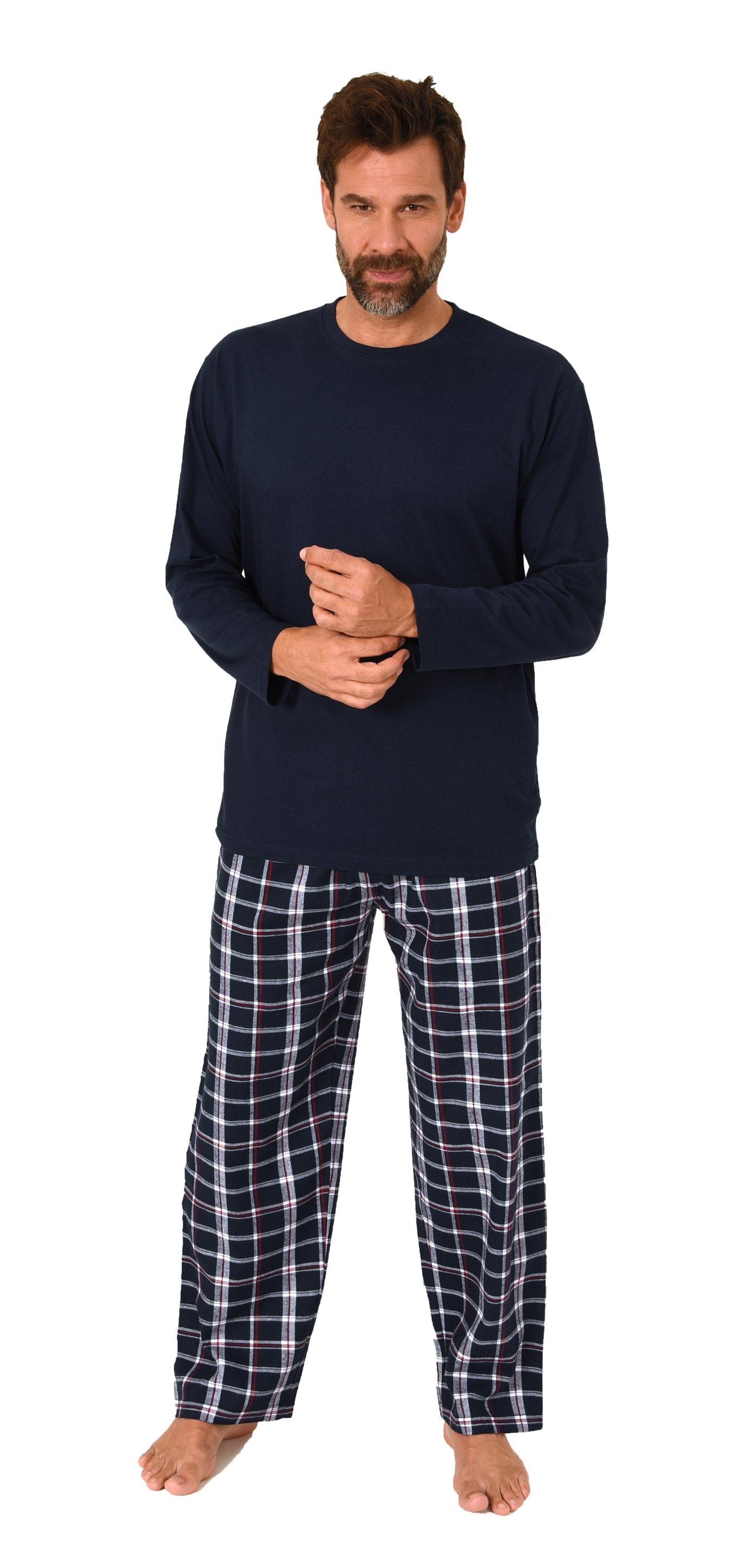 Herren Schlafanzug lang, Pyjama mit Flanell-Hose in Karo-Optik
