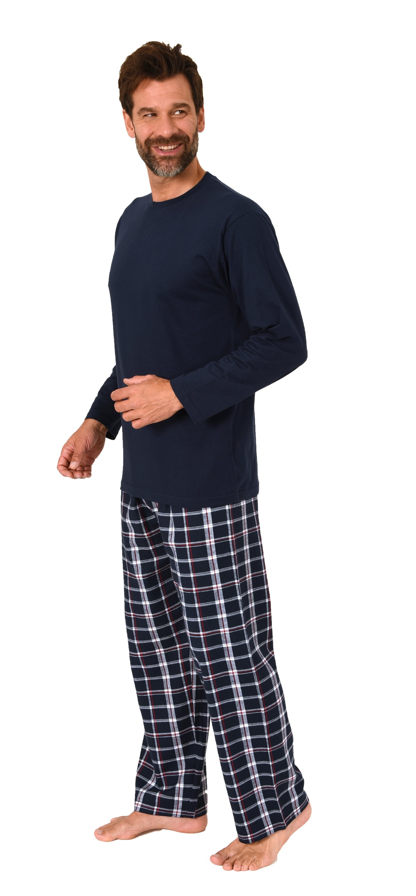 Herren Schlafanzug lang, Pyjama mit Flanell-Hose in Karo-Optik