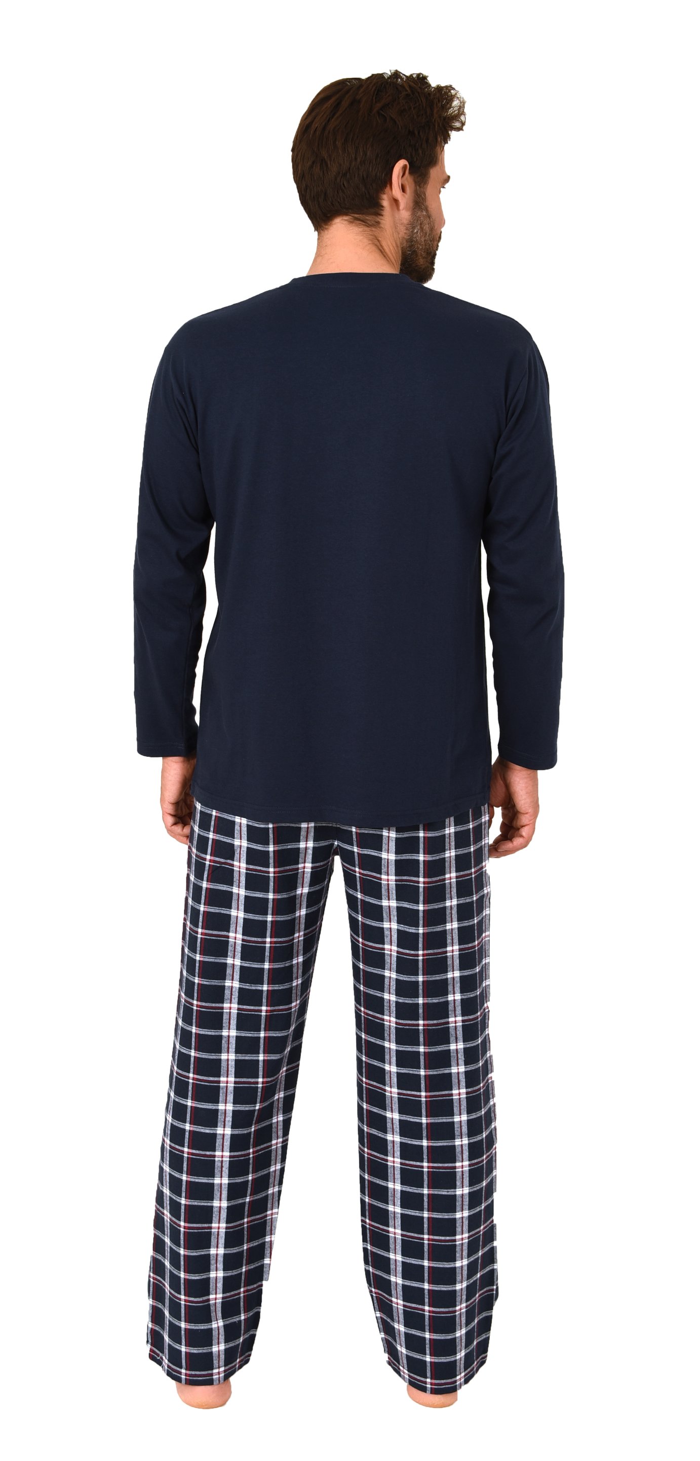 Herren Schlafanzug lang, Pyjama mit Flanell-Hose in Karo-Optik