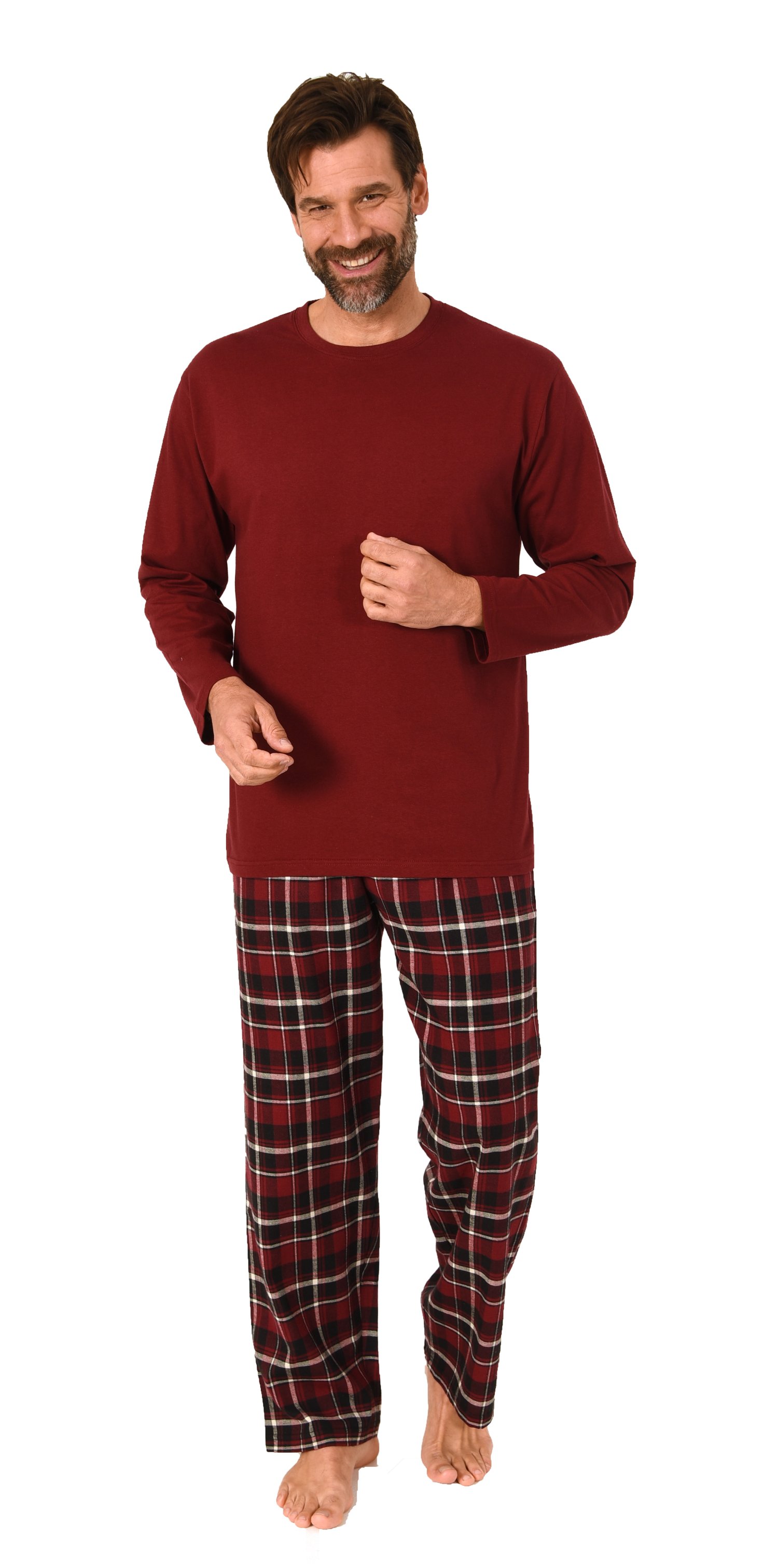Herren Schlafanzug lang, Pyjama mit Flanell-Hose in Karo-Optik