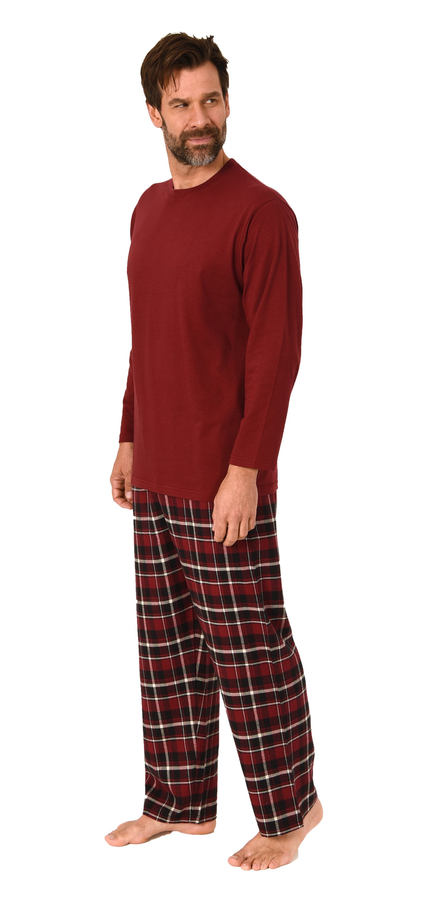 Herren Schlafanzug lang, Pyjama mit Flanell-Hose in Karo-Optik