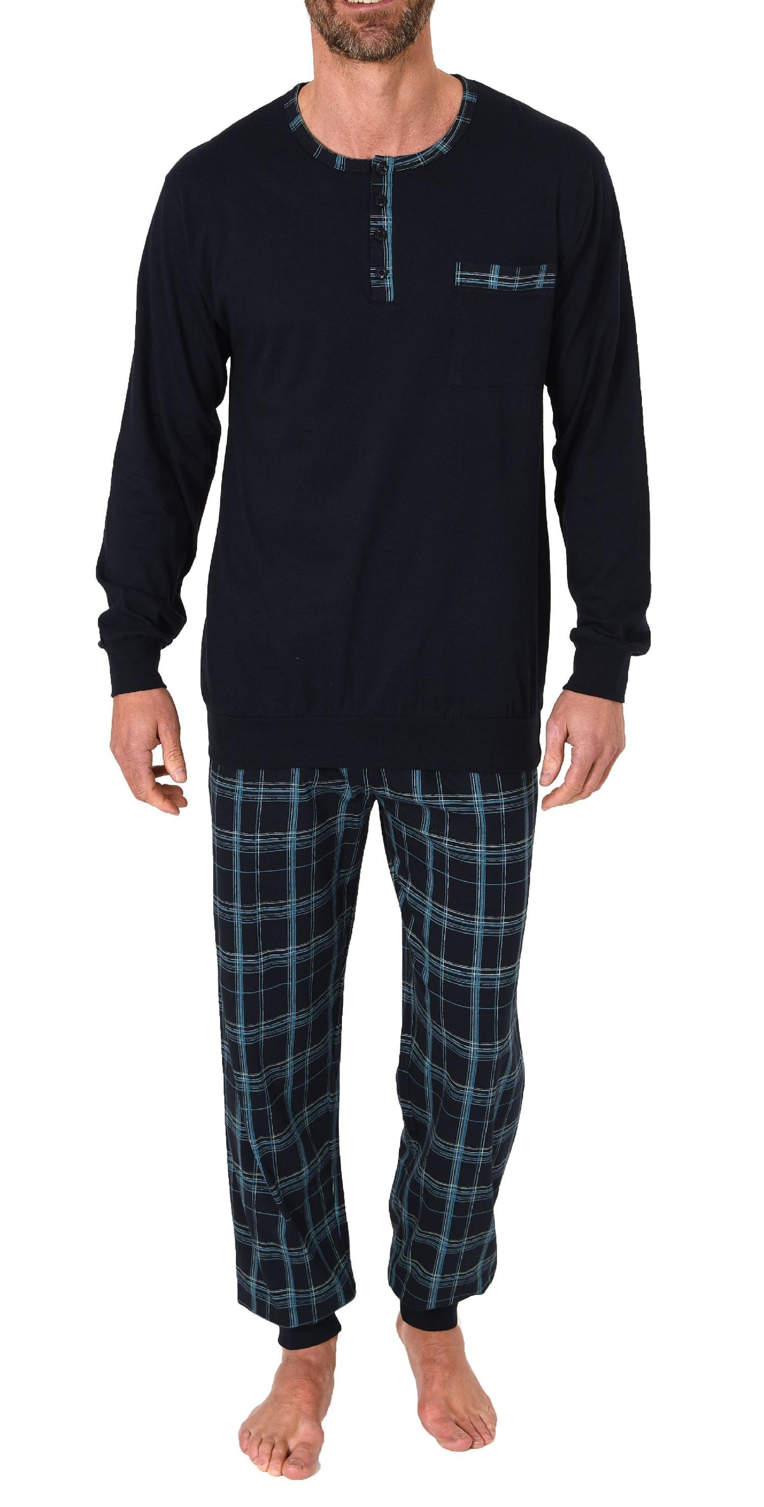 Herren Schlafanzug Pyjama mit Bündchen und karierter Jersey Hose  - auch in Übergrössen