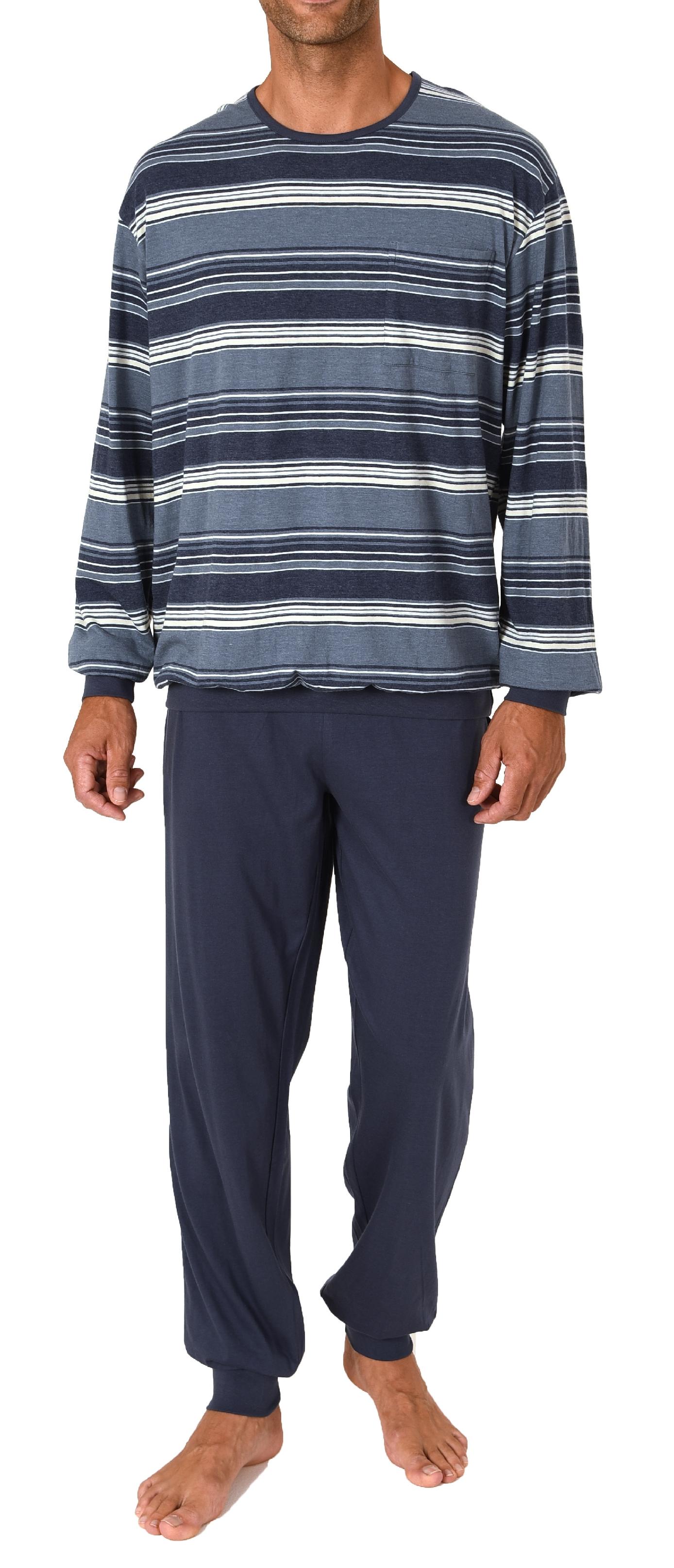 Herren Schlafanzug Pyjama langarm mit Bündchen in eleganter Streifenoptik