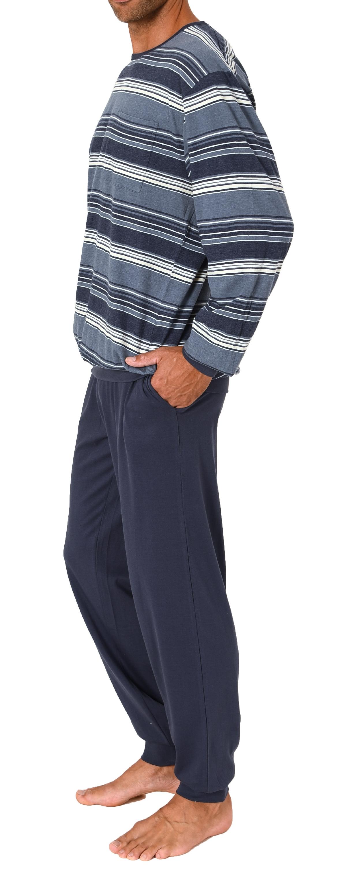 Herren Schlafanzug Pyjama langarm mit Bündchen in eleganter Streifenoptik