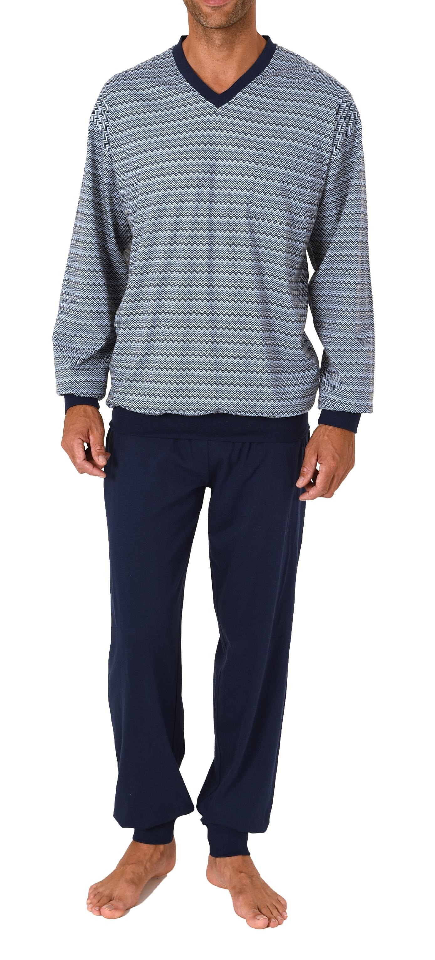 Herren Schlafanzug Pyjama mit Bündchen im edlen grafischen Streifenlook