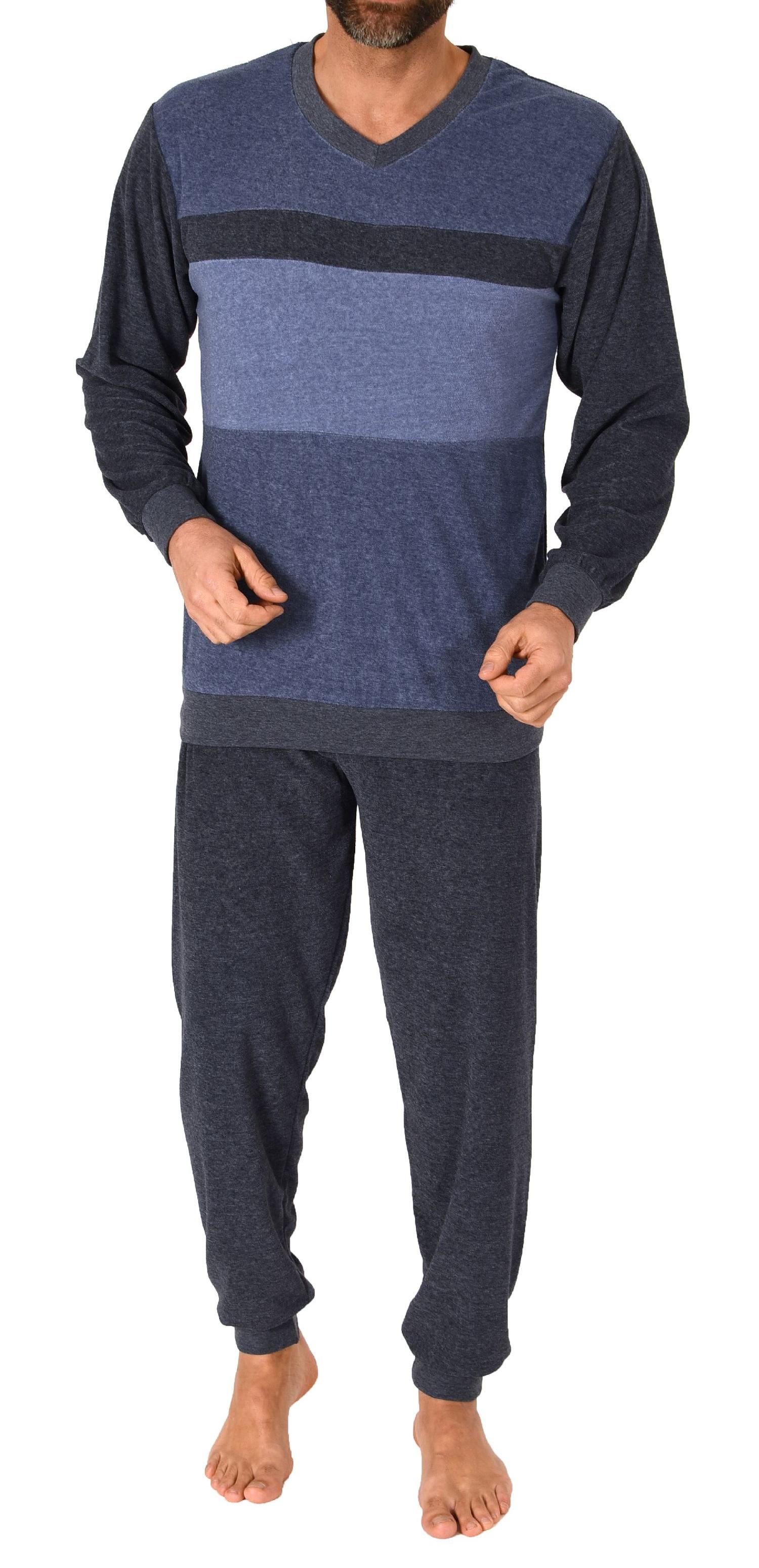 Herren Frottee Schlafanzug langarm mit Bündchen in Blockstreifenoptik - auch in Übergrößen