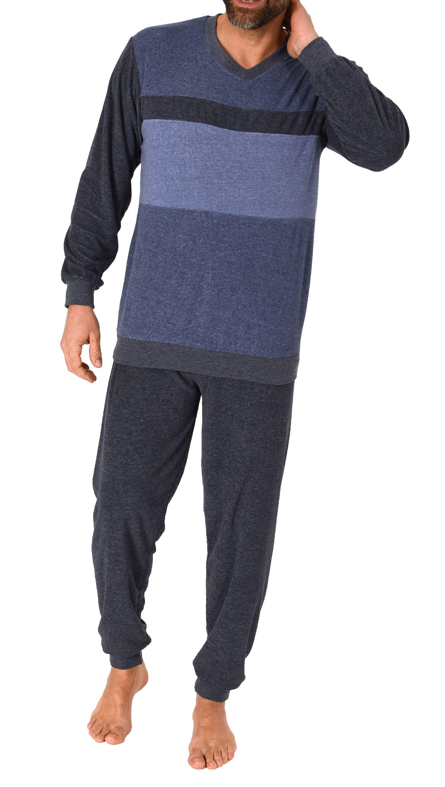 Herren Frottee Schlafanzug langarm mit Bündchen in Blockstreifenoptik - auch in Übergrößen