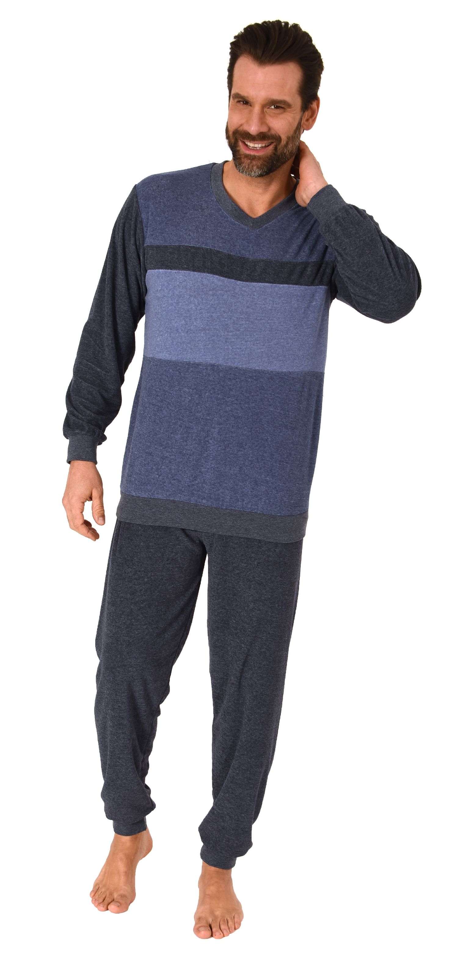 Herren Frottee Schlafanzug langarm mit Bündchen in Blockstreifenoptik - auch in Übergrößen