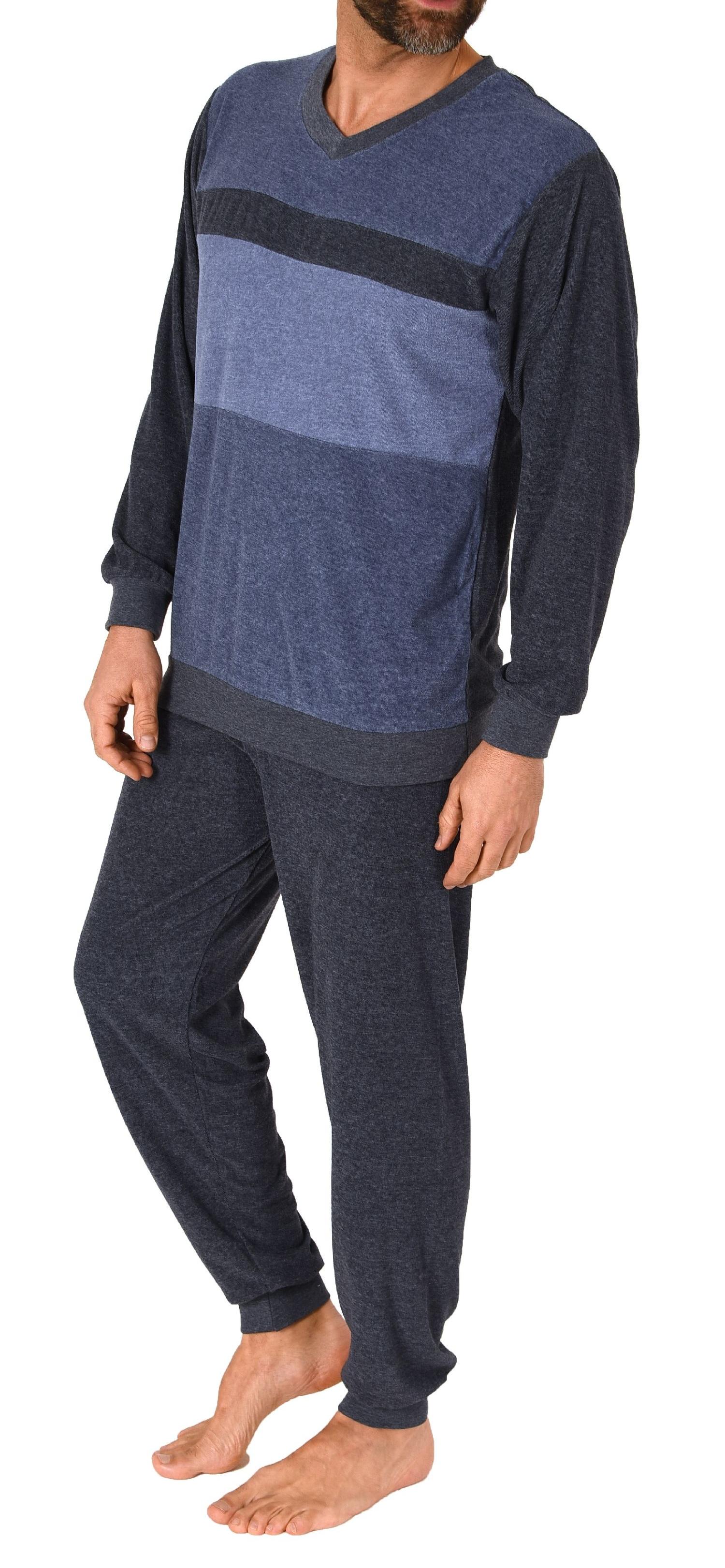Herren Frottee Schlafanzug langarm mit Bündchen in Blockstreifenoptik - auch in Übergrößen
