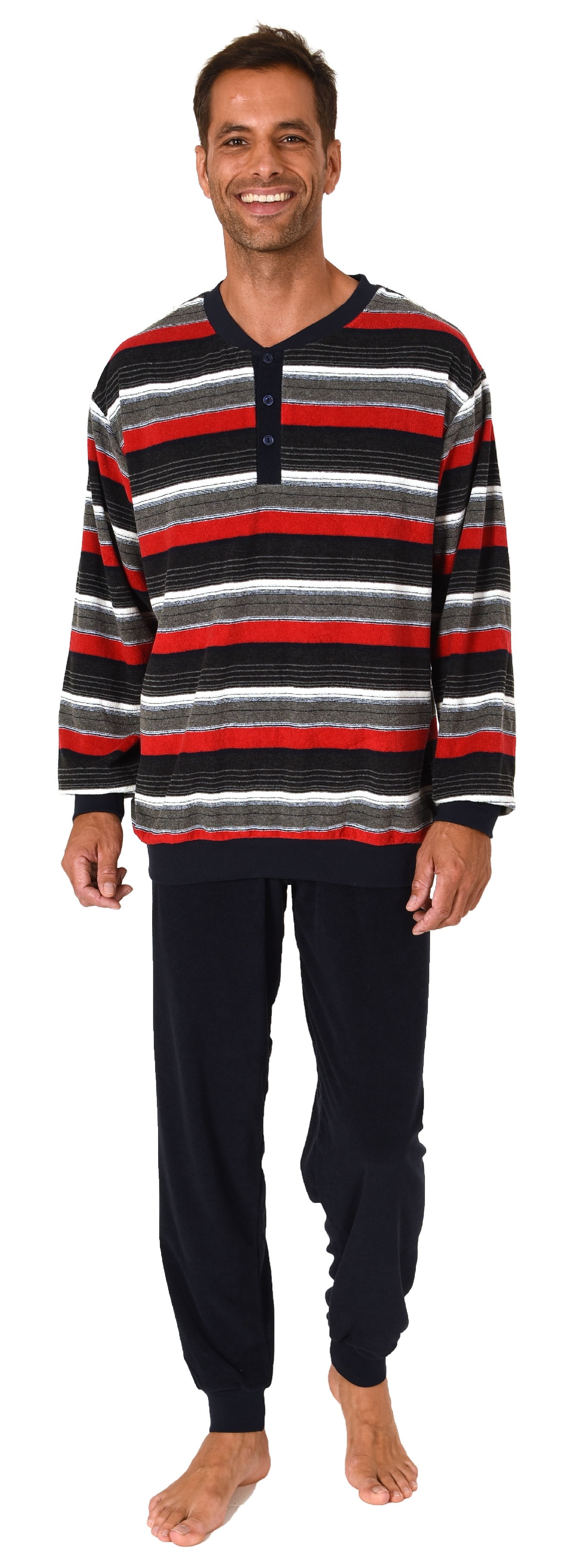 Eleganter Herren Frottee Pyjama langarm Schlafanzug mit Bündchen und Knopfleiste am Hals Eleganter Herren Frottee Pyjama langarm Schlafanzug mit Bündchen und Knopfleiste am Hals