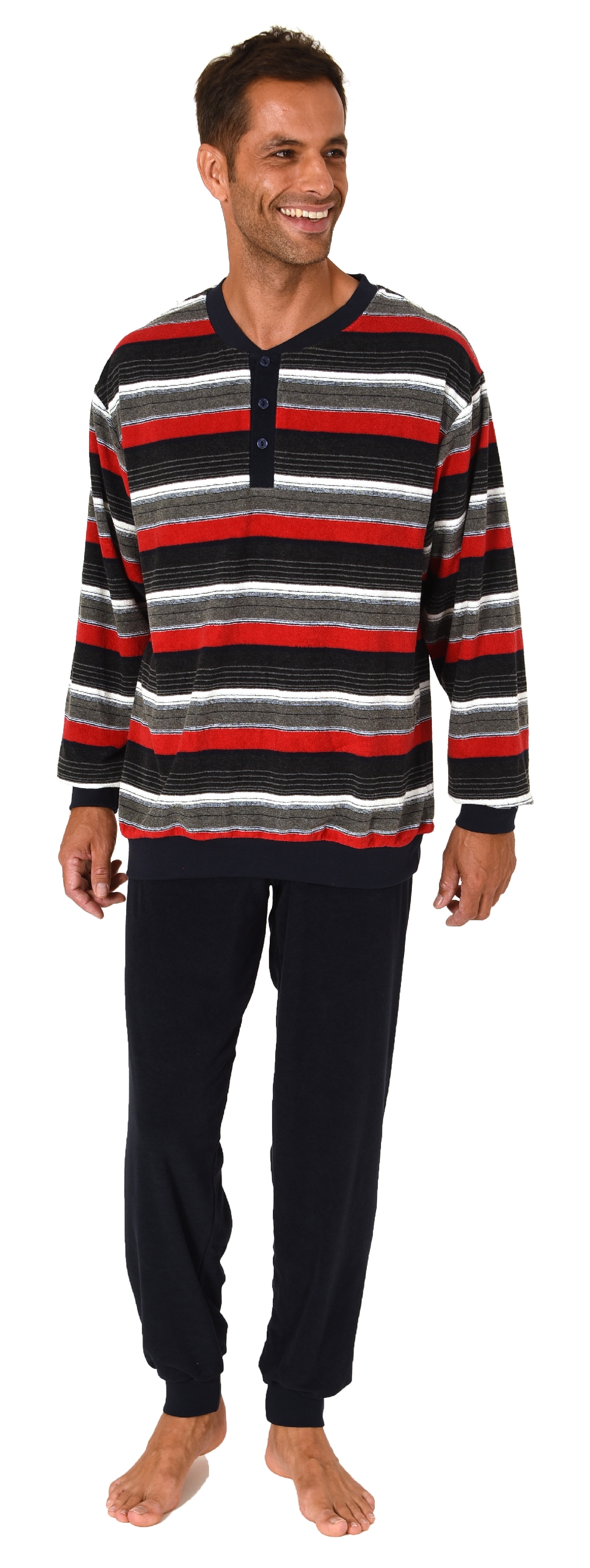 Eleganter Herren Frottee Pyjama langarm Schlafanzug mit Bündchen und Knopfleiste am Hals