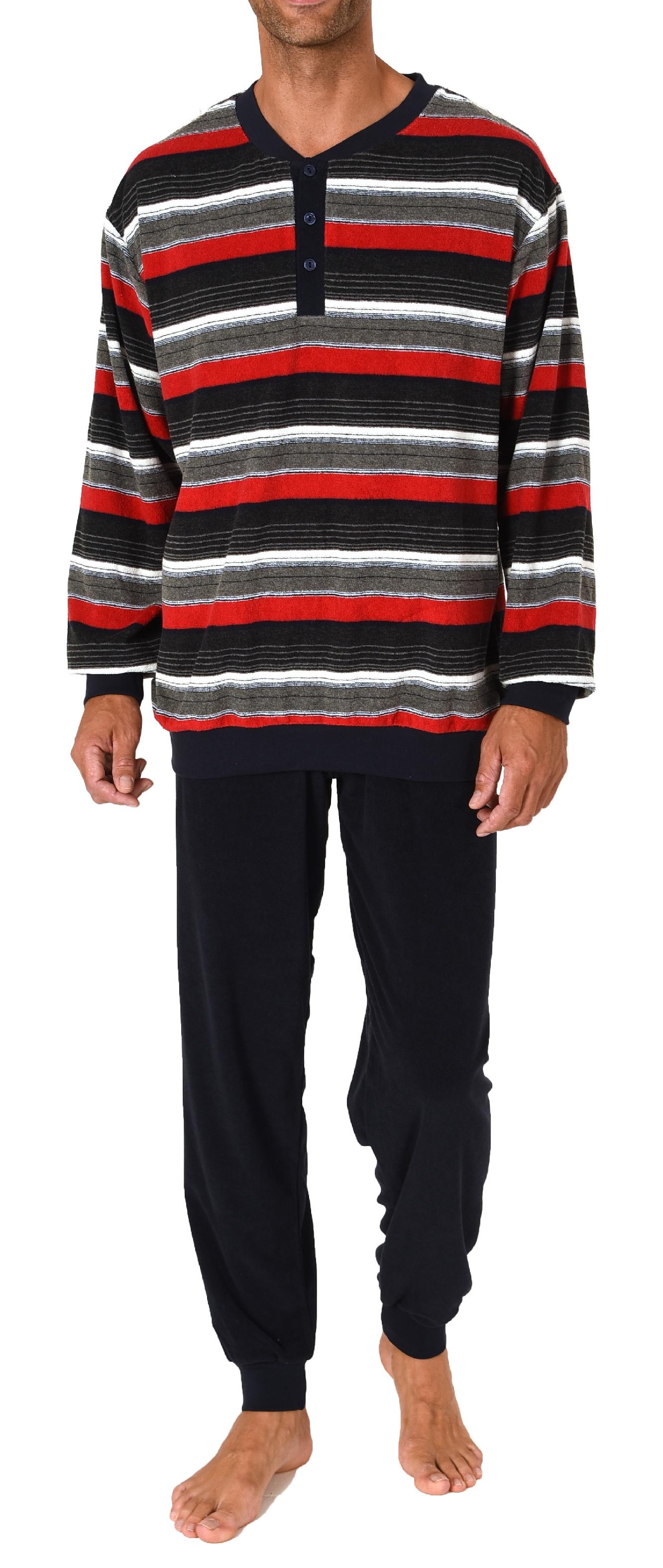 Eleganter Herren Frottee Pyjama langarm Schlafanzug mit Bündchen und Knopfleiste am Hals