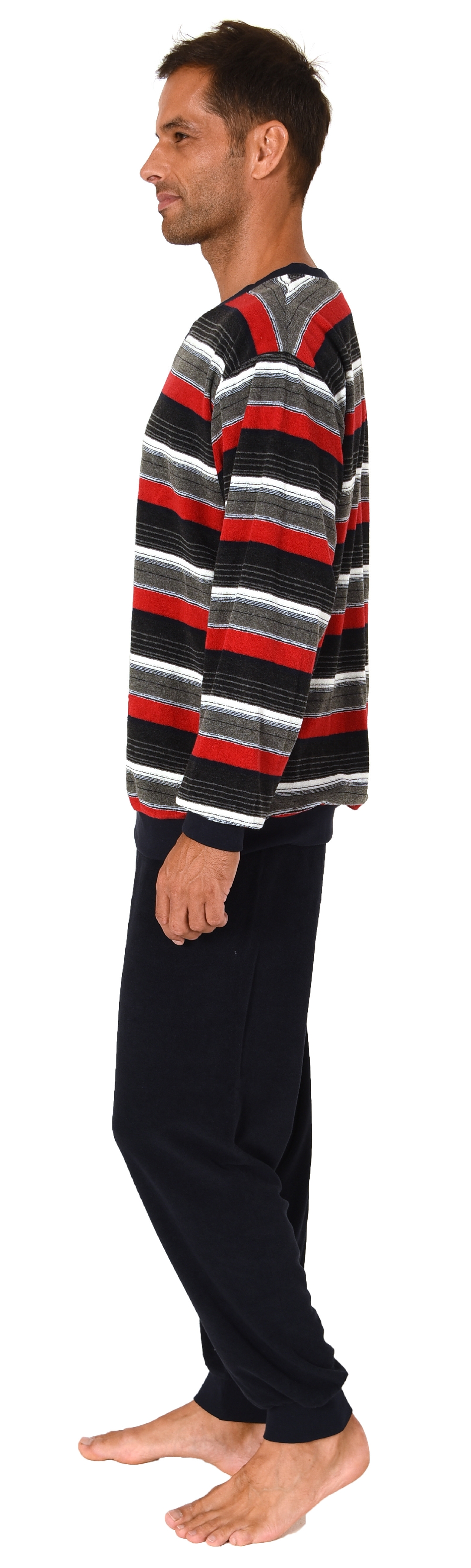 Eleganter Herren Frottee Pyjama langarm Schlafanzug mit Bündchen und Knopfleiste am Hals