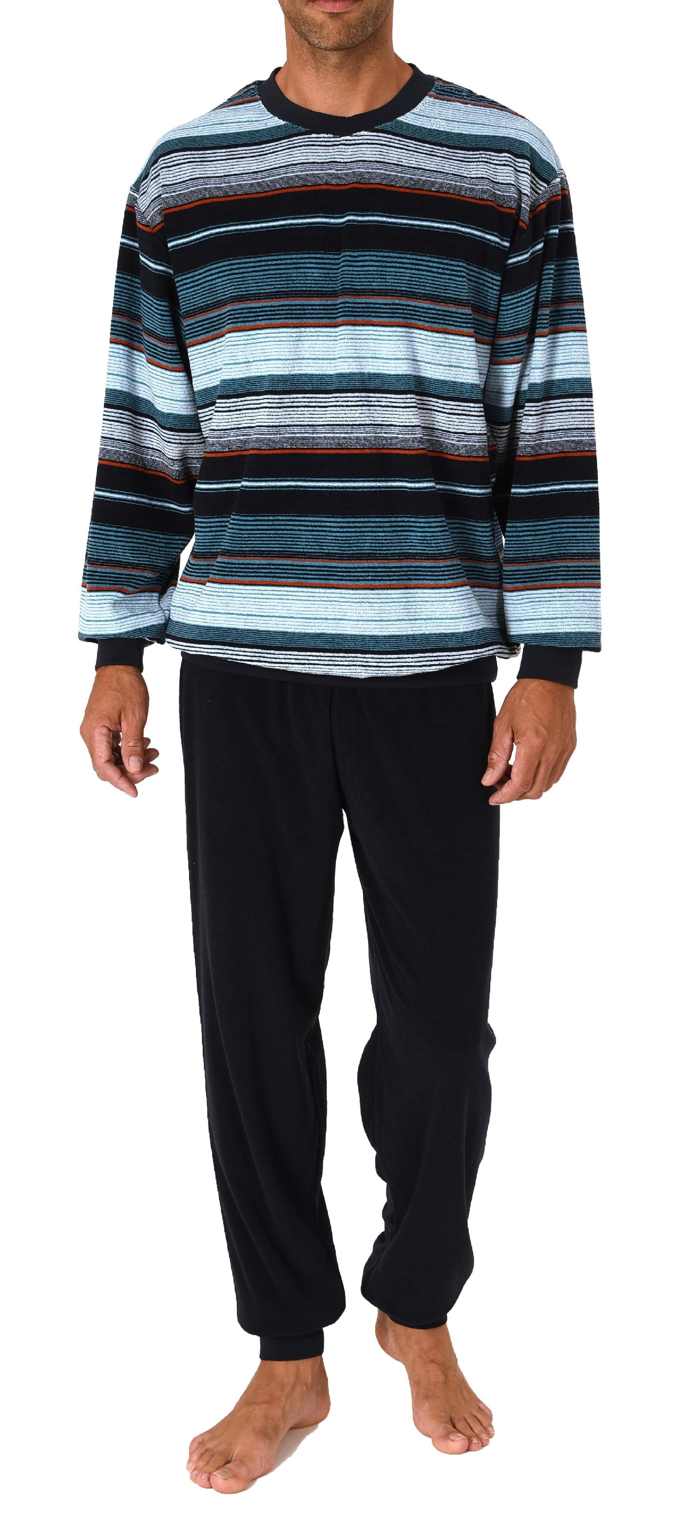 Herren Frottee Schlafanzug langarm mit Bündchen in Streifenoptik - auch in Übergrößen