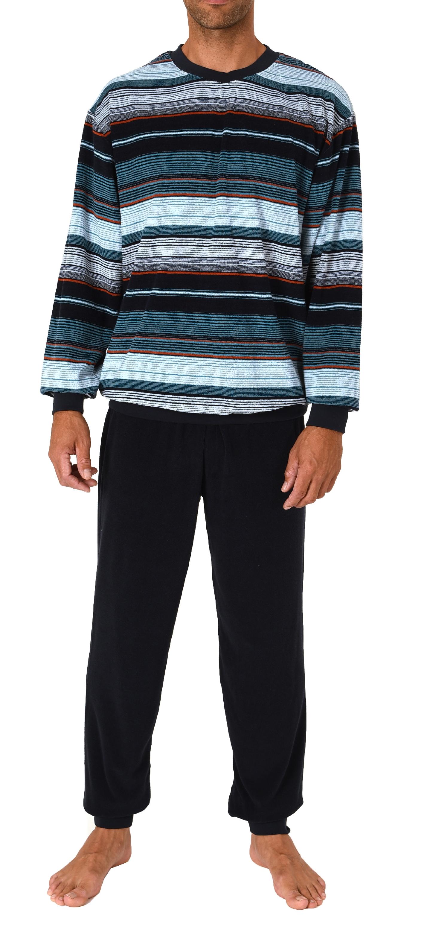 Herren Frottee Schlafanzug langarm mit Bündchen in Streifenoptik - auch in Übergrößen