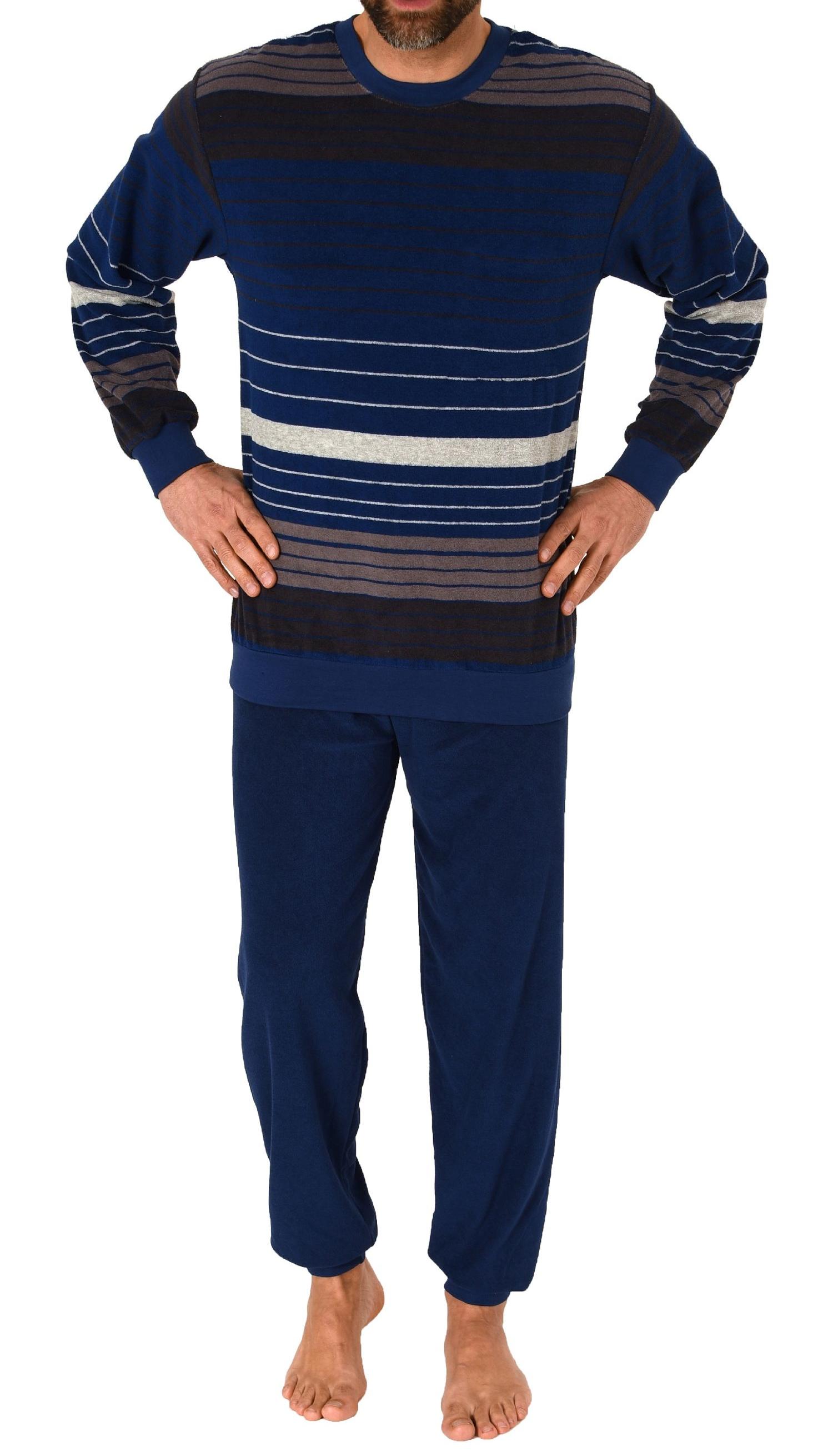 Herren Frottee Schlafanzug Pyjama langarm mit Bündchen in Streifen-Look