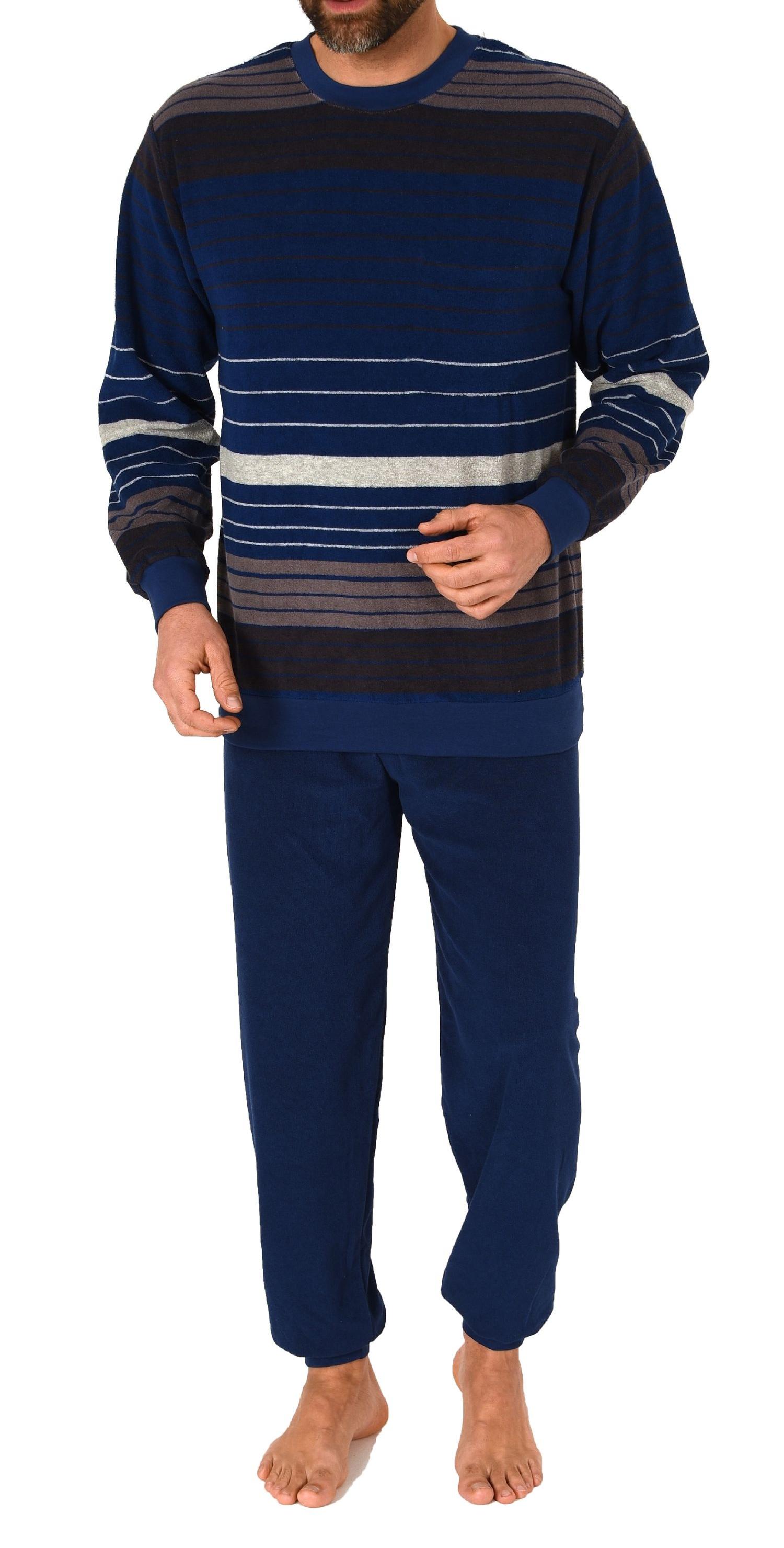 Herren Frottee Schlafanzug Pyjama langarm mit Bündchen in Streifen-Look