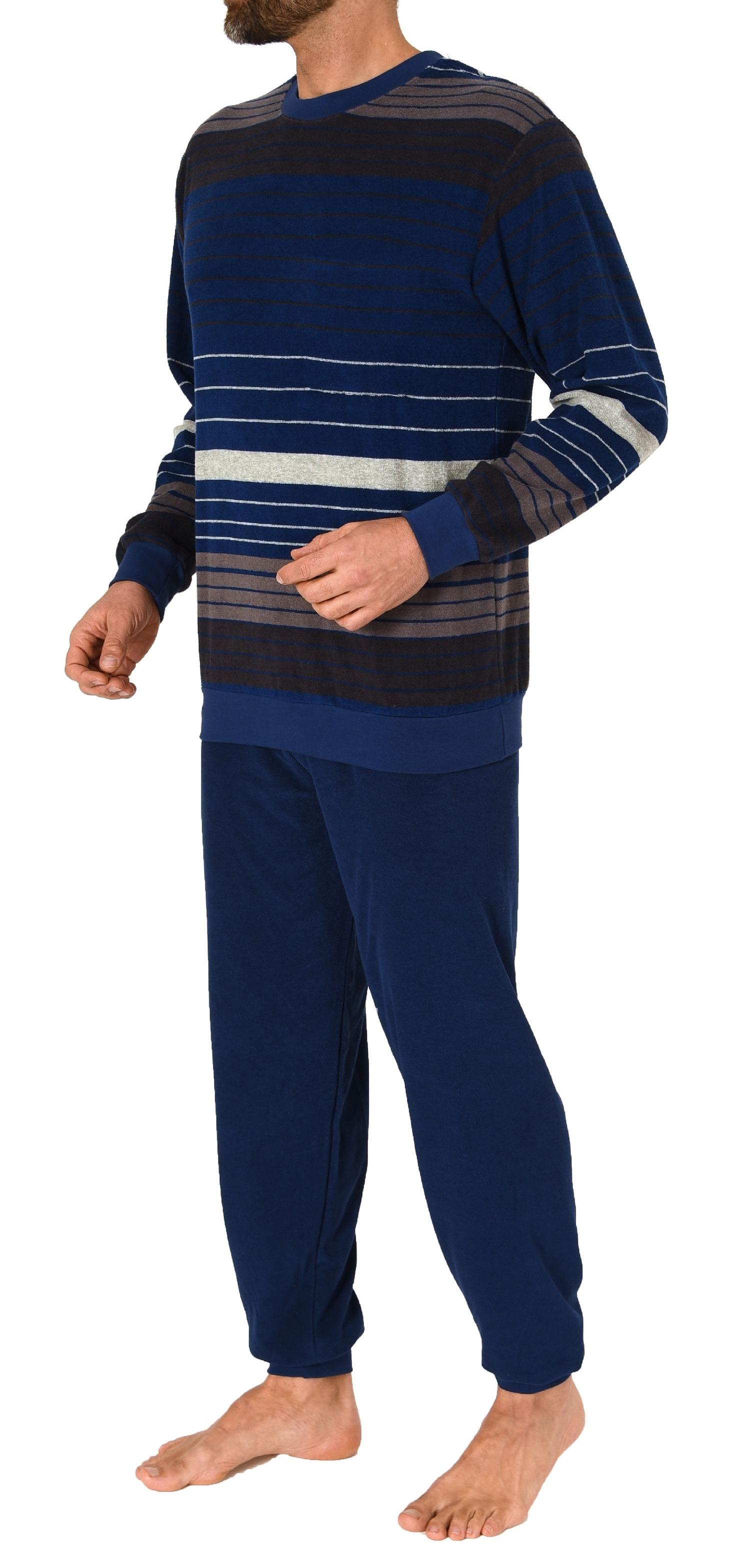 Herren Frottee Schlafanzug Pyjama langarm mit Bündchen in Streifen-Look