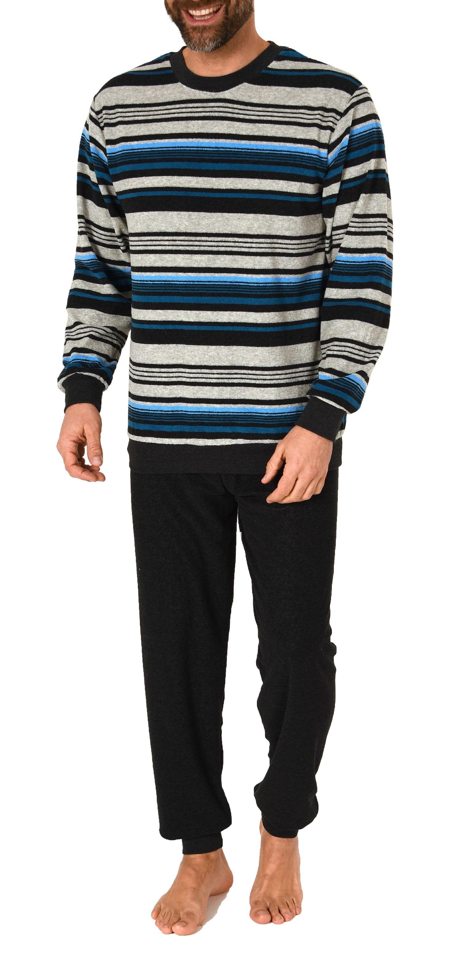 Herren Frottee Schlafanzug langarm mit Bündchen in gestreifter Optik - auch in Übergrößen
